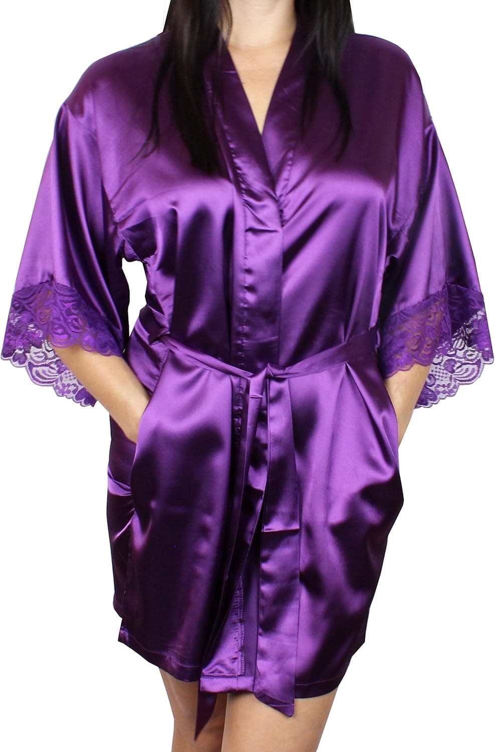 Women's Satin Kimono Bridesmaid Silky Short Robe Lace Trim Sleeves and Pockets