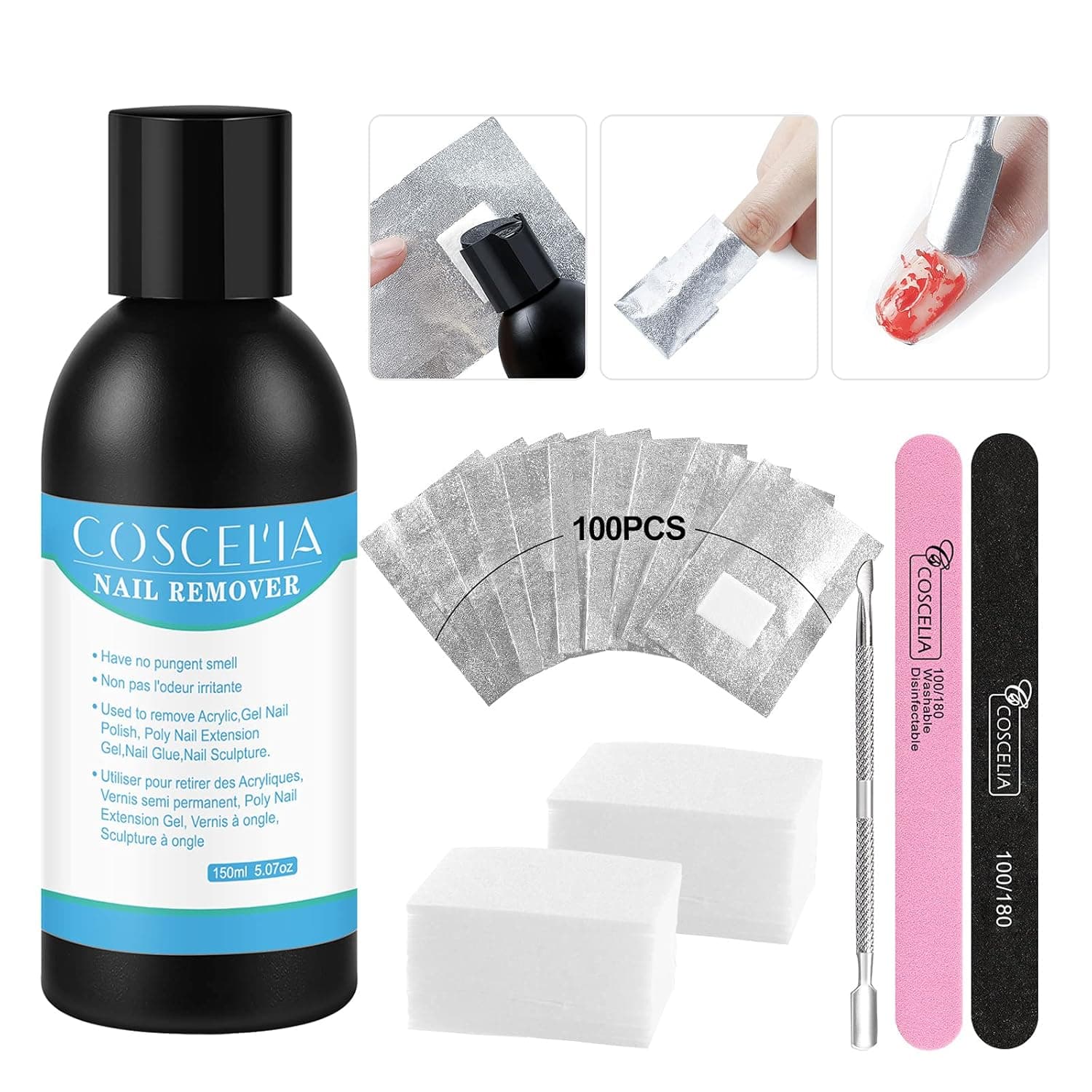 Nail Polish Remover Kit 100Pcs Nail Polish Remover Pads 150ML Nail Polish Remover 200Pcs Wipe Cotton Pads Cuticle Pusher Nail Files Professional Gel Nail Polish Removal Accessories for Nail Salon