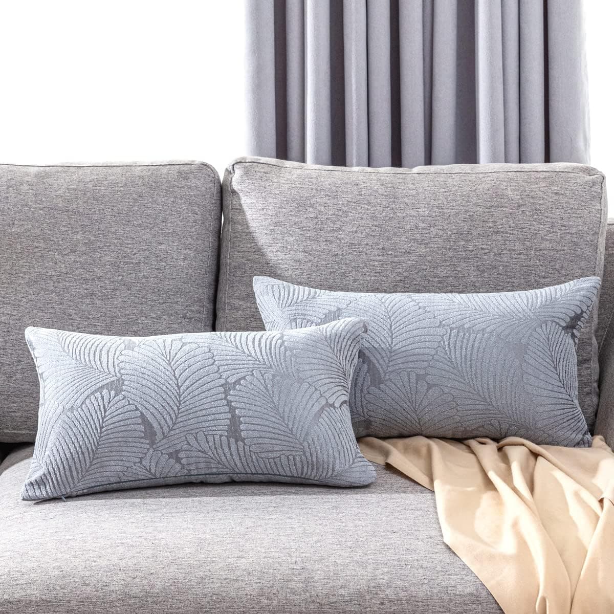 FanHomcy 2 Pack Velvet Lumbar Pillow Covers Grey Leaf Pattern Decorative Couch Square Luxury Style Decor Boho Cushion Case Throw Pillows Shell for Sofa Bedroom Christmas 12x20 inch