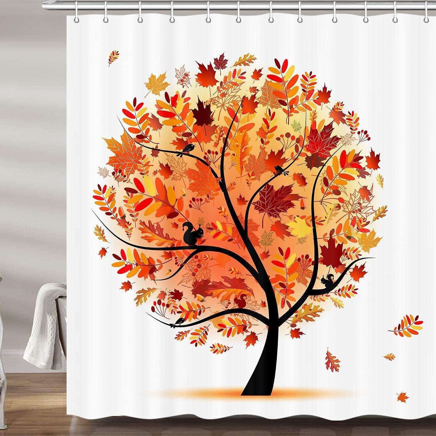 JAWO Fall Decor Shower Curtains for Bathroom, Autumn Orange Maple Leaves Yellow Tree Fabric Shower Curtain Set, Thanksgiving Bathroom Accessories Decor, Hooks Included (72" W X 72" H)