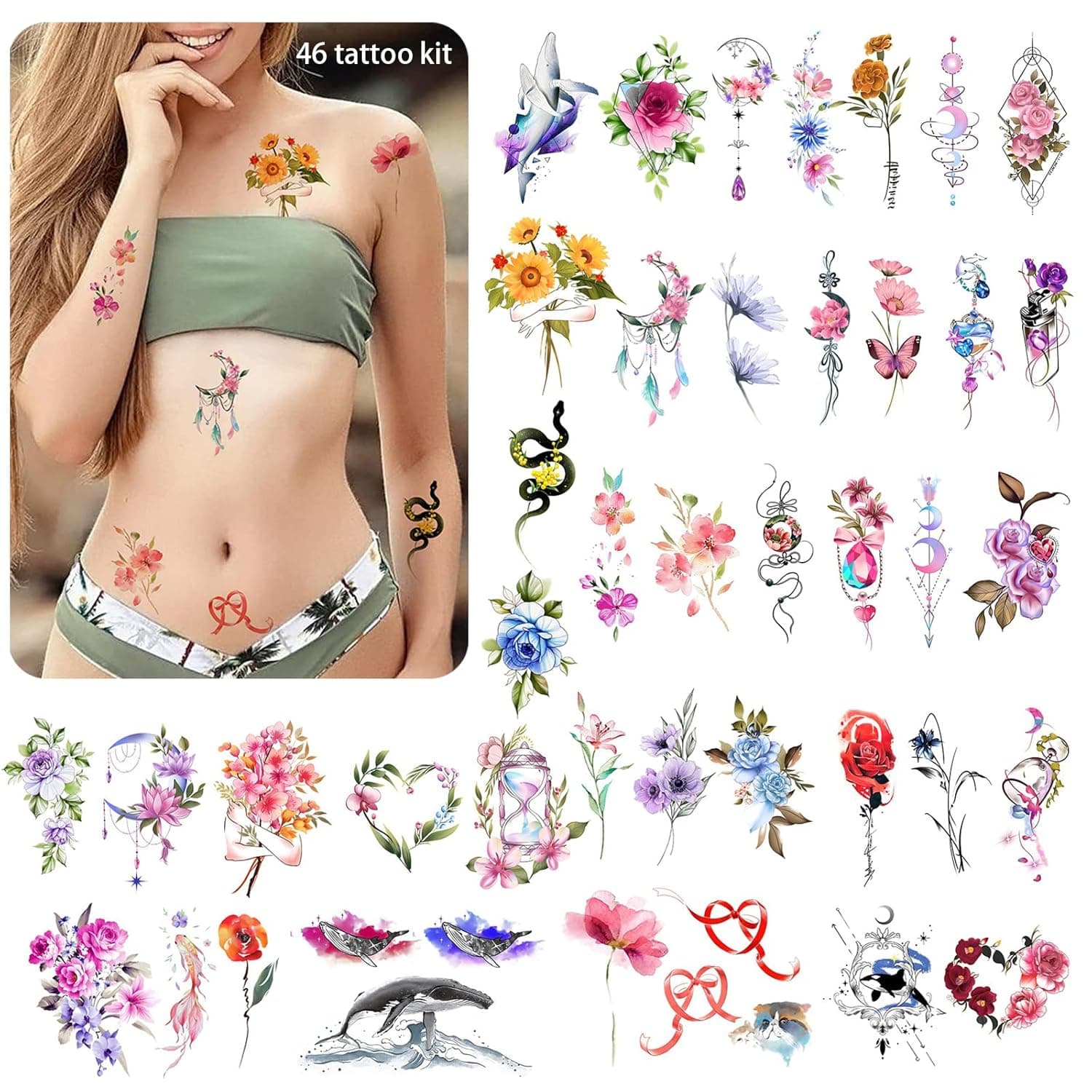 Roarhowl 46 pattern Fun tattoo, Flower Temporary Tattoos , Fake Tattoos for Women Girls 16 Sheets