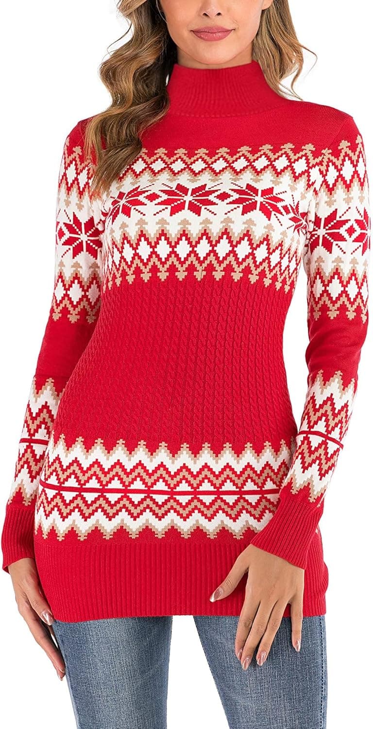 Enjyam Women's Christmas Snowflake Sweater Turtleneck Vintage Holiday Knit Sweater Pullover S-XXL