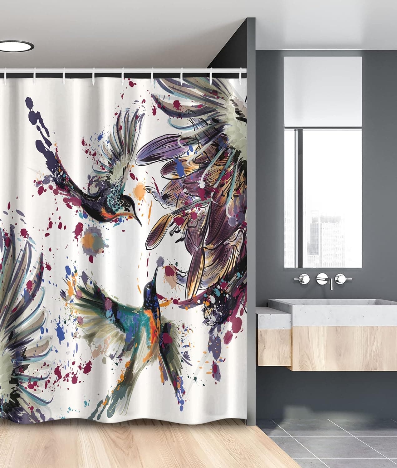 Ambesonne Hummingbird Stall Shower Curtain, Art Lily Flowers Birds and Color Splashes in Watercolor Painting Style, Fabric Bathroom Decor Set with Hooks, 54" W x 78" L, Orange Blue