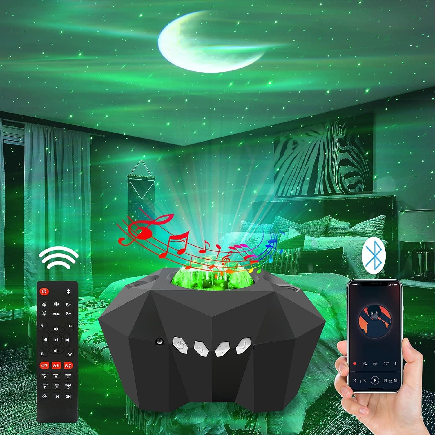 Aurora Moon Star Projector Night Light with Bluetooth Music Speaker, Galaxy Starry Sky LED Timing Starlight Projector for Bedroom, Kids Room Decor with Remote Control, Valentines Day Gifts
