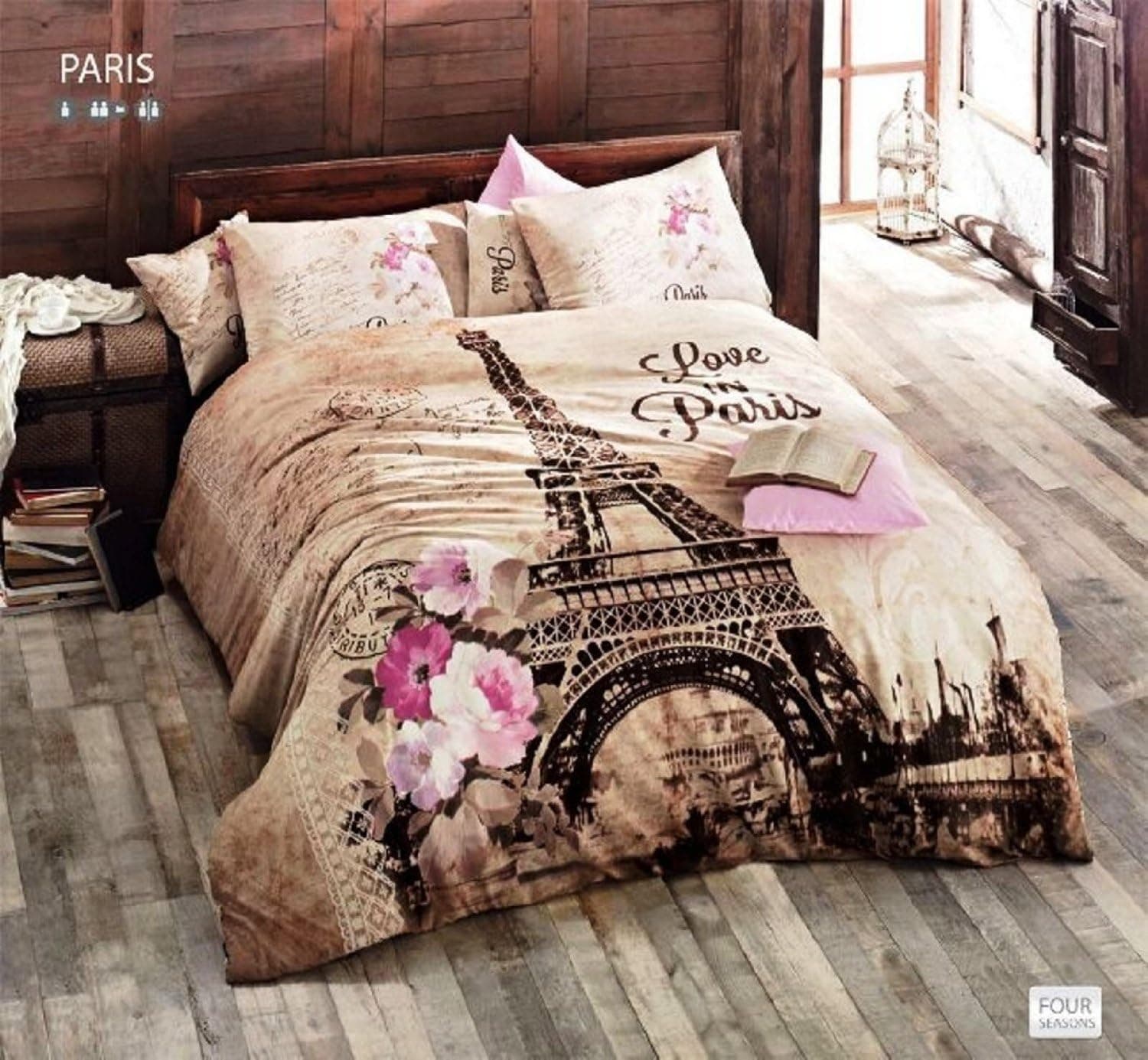 100% Cotton Comforter Set 5 Pcs Paris Eiffel Tower Brown Theme Themed Pink Flowers Full / Queen Size Bedding Linens