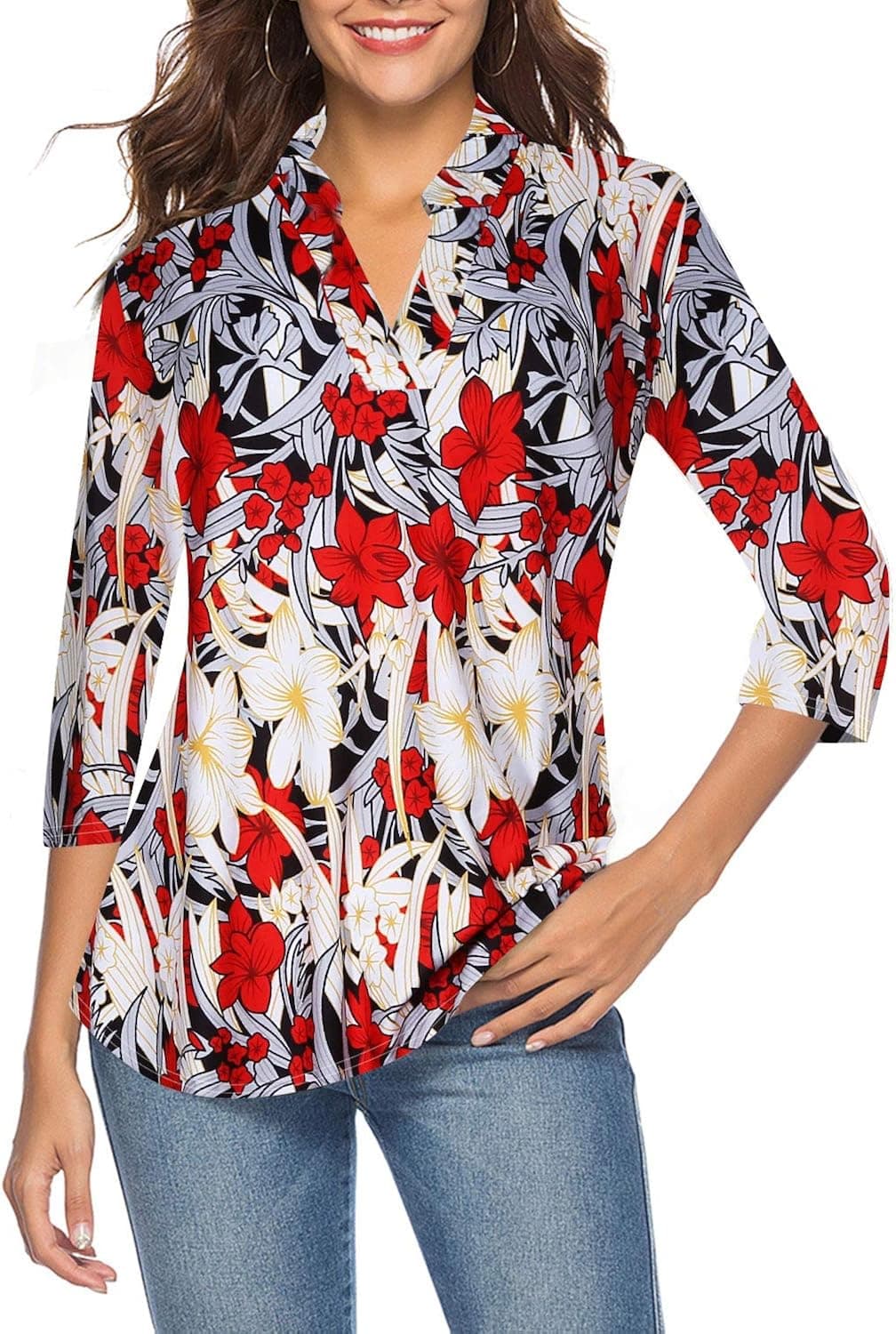 CEASIKERY Women's 3/4 Sleeve V Neck Tops Casual Tunic Blouse Loose Shirt
