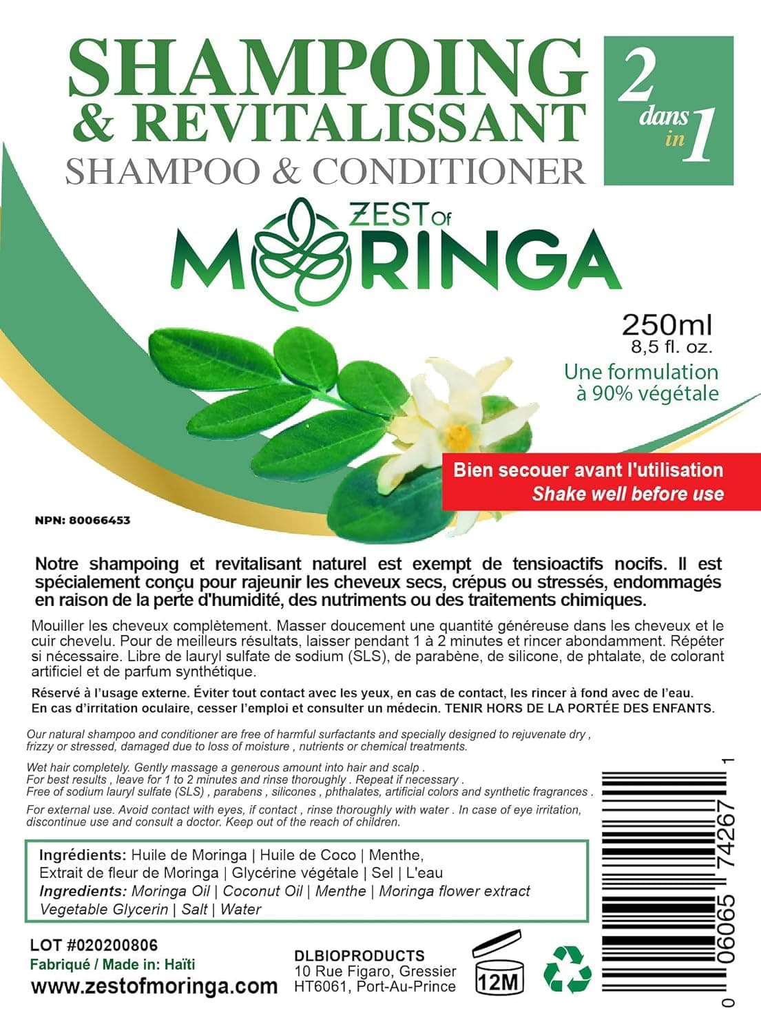 Zest of Moringa 2-in-1 Moringa Shampoo and Conditioner | Organic Shampoo Conditioner Made with Moringa Oleifera Flowers Extract Oil | Moringa Shampoo and Conditioner Organic for Healthy Hair
