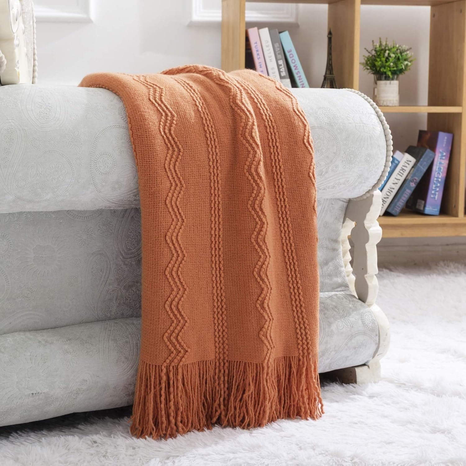 NUYECY Grade A Acrylic Knitted Throw Blanket,Woven Blanket with Tassels Wave Textured,Lightweight Farmhouse Decorative Blanket Throws for Couch Sofa,Travel Throw Blanket 50x60inch Orange