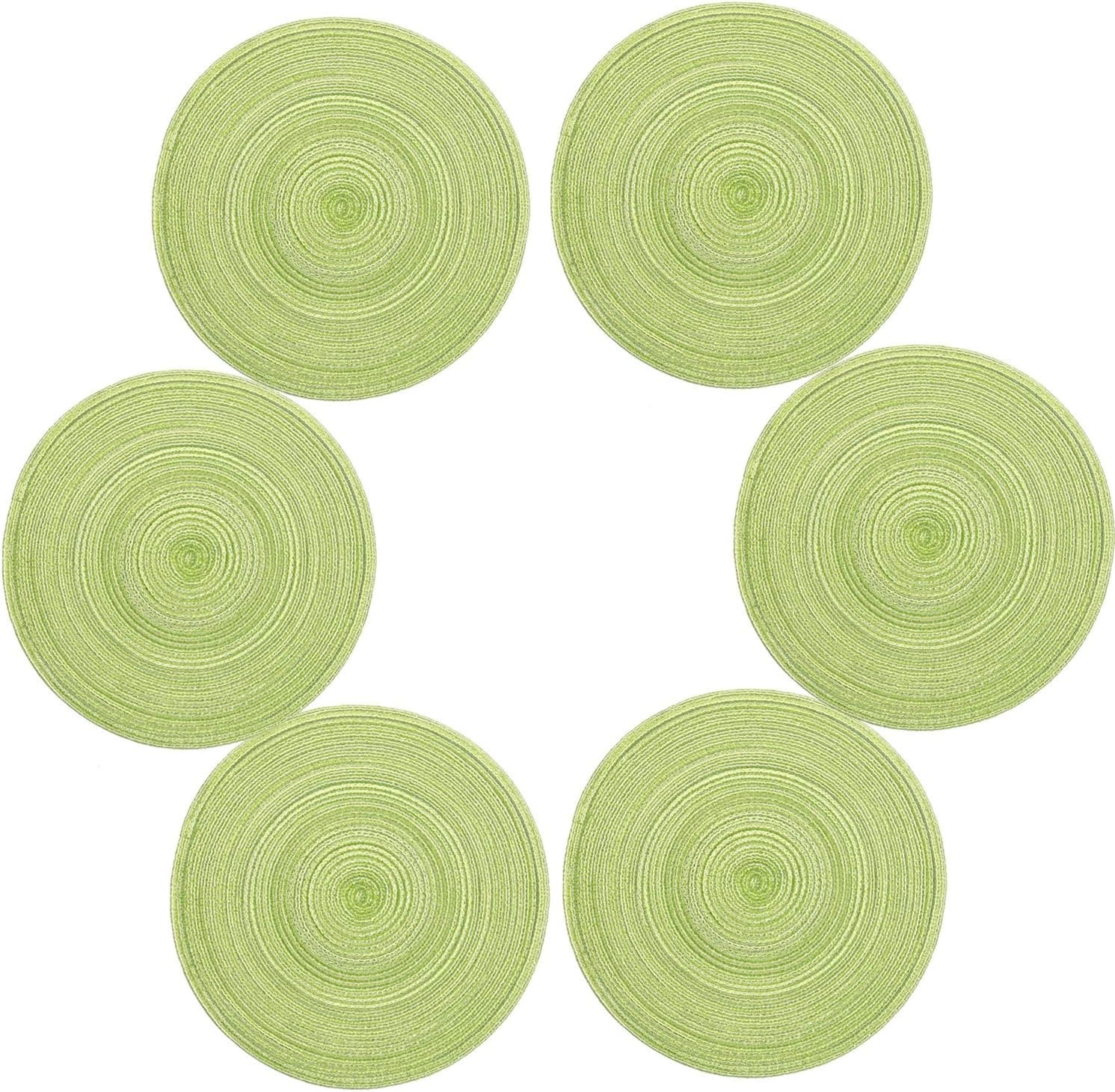 Topotdor 14 Inch Round Placemats Heat-Resistant Stain Resistant Anti-Skid Washable Polyproplene Table Mats Placemats (Set of 6, Green)