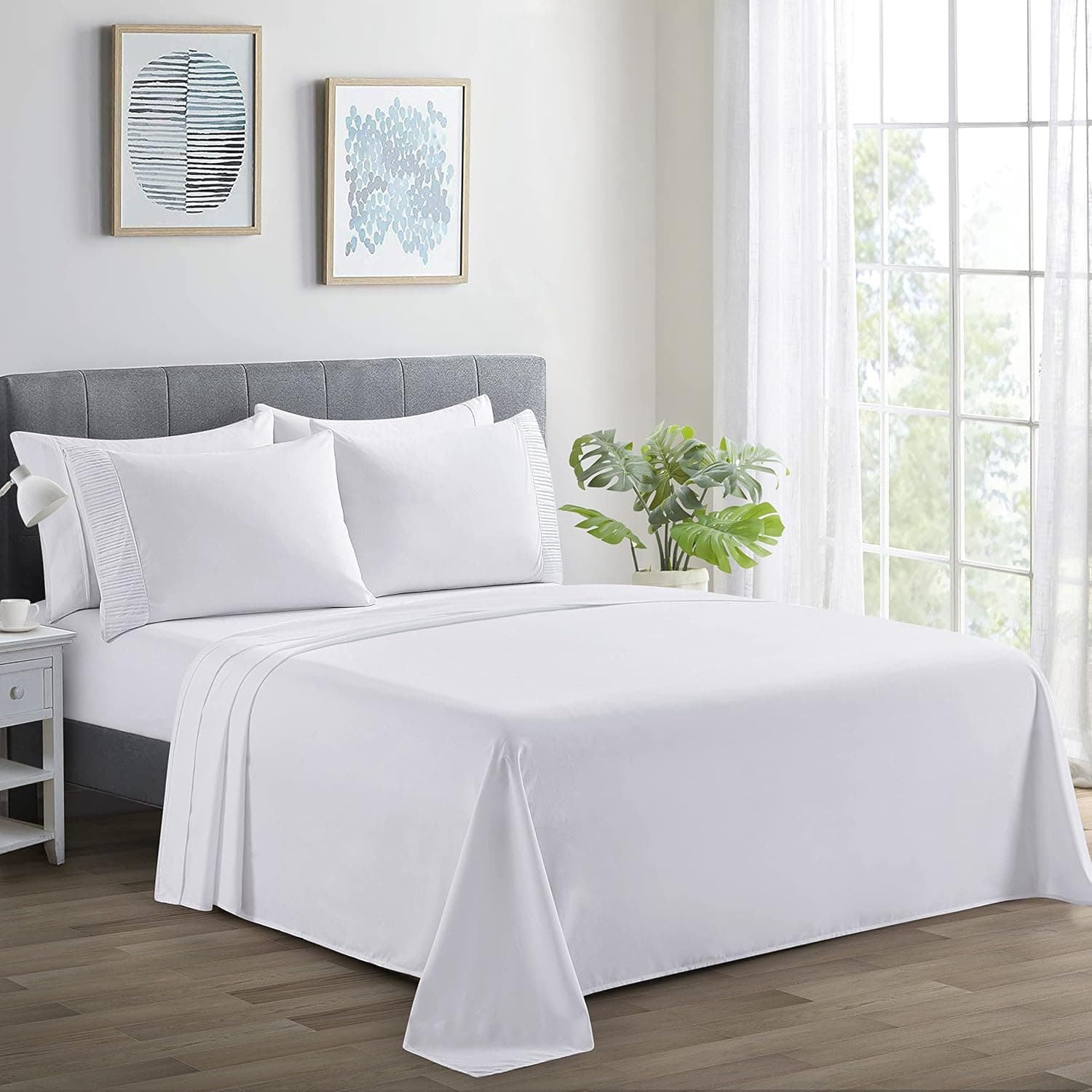 Marina Decoration Ultra Soft Silky Deep Pocket Solid Rayon from Bamboo All Season 6 Pieces Sheet Set with 4 Pillowcases, White Color Queen Size