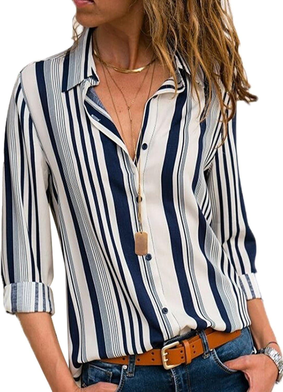 Dearlovers Womens Stripes Shirts for Work Long Sleeve Button Up Blouses Casual Tops White M