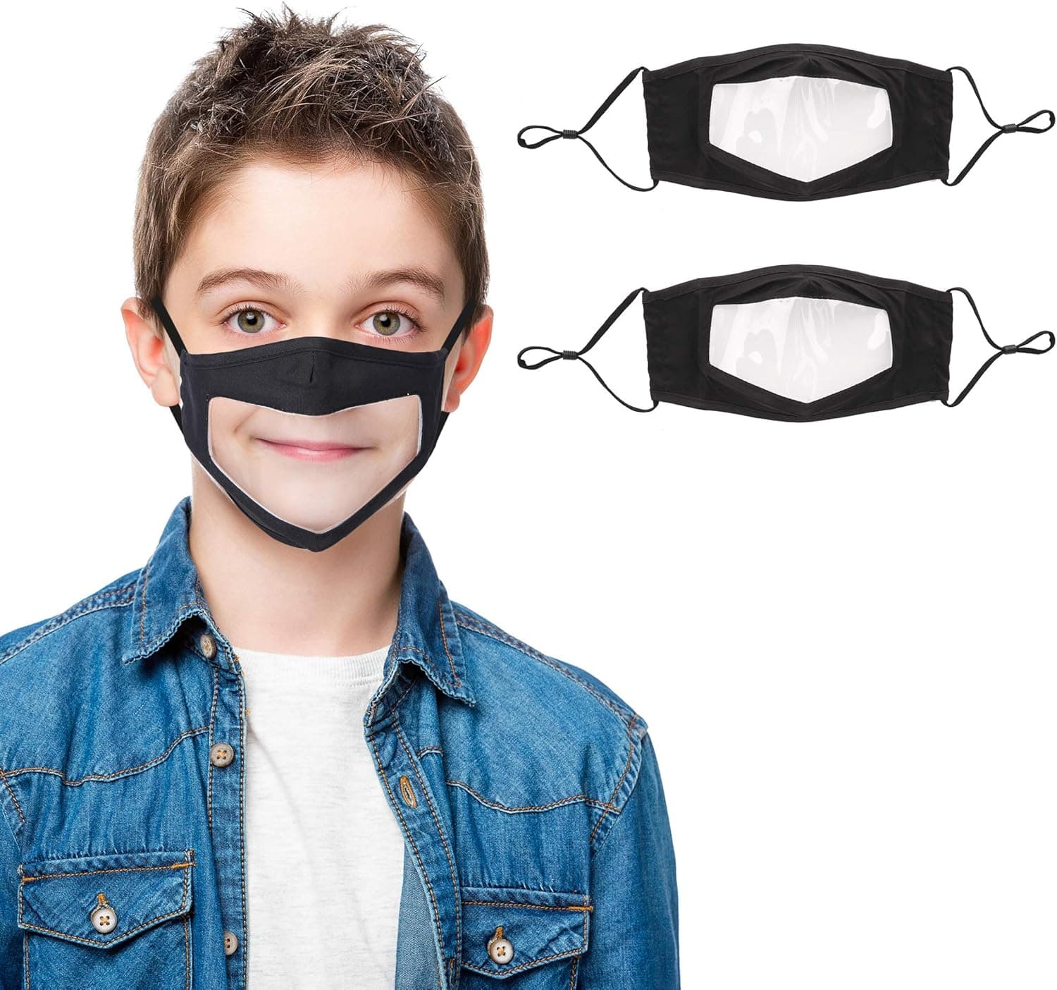 Feeke Kids Reusable Mouth Cotton Cover with Clear Window and Adjustable Ear Straps for Children- 2 Pack