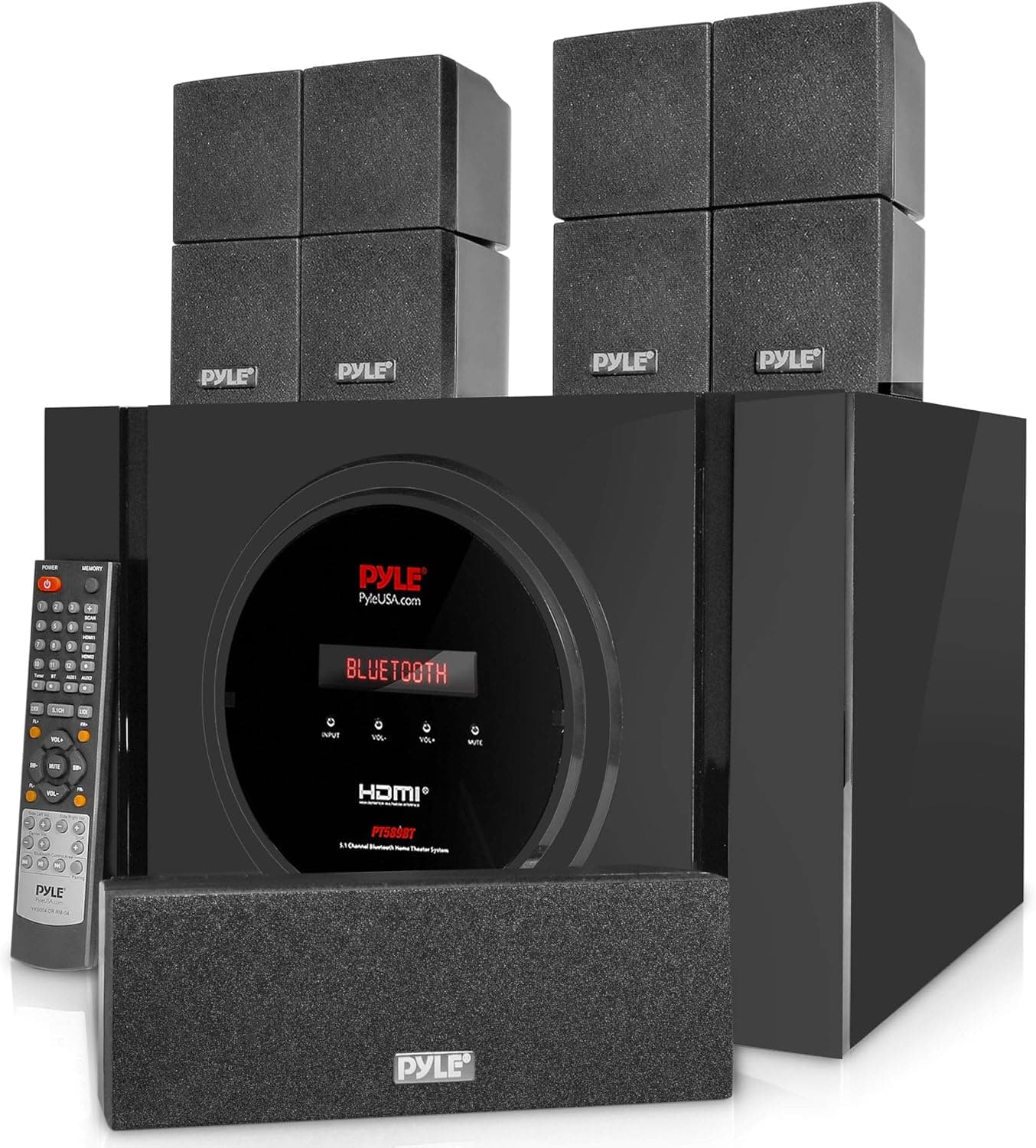 Pyle 5.1 Channel Amplifier Speaker System - 300W Bluetooth Wireless Surround Sound Home Theater Audio Stereo Power Receiver Box Set w/Built-in Subwoofer, 5 Speakers, Remote, FM Radio, RCA PT589BT.6