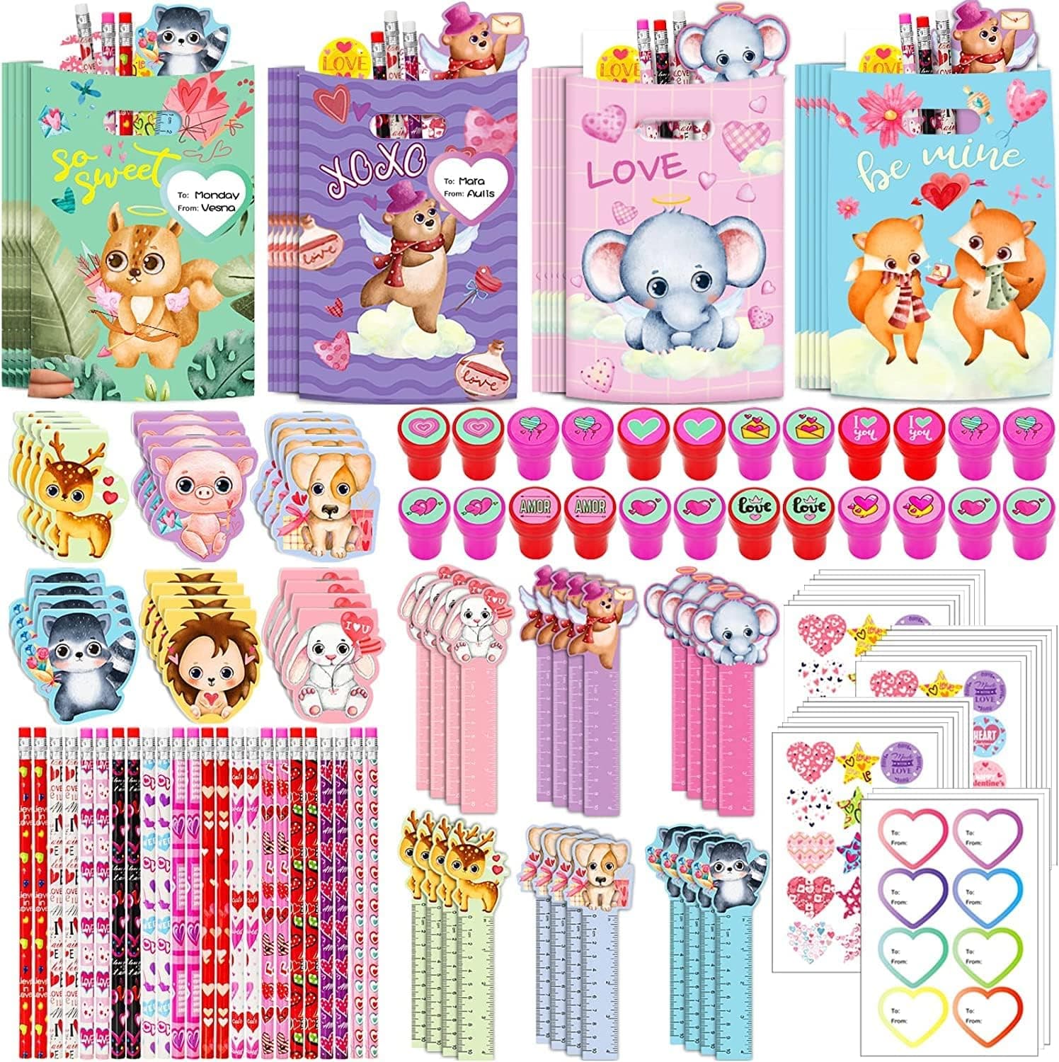 168PCS Valentines Day Stationery Set Assorted for Kids Classroom - 24 Pack Bulk Pencil Sticker Treat Bag with Rulers Stamps and Notepads, Party Favors for Boys Girls, Kids Exchange Gifts for School