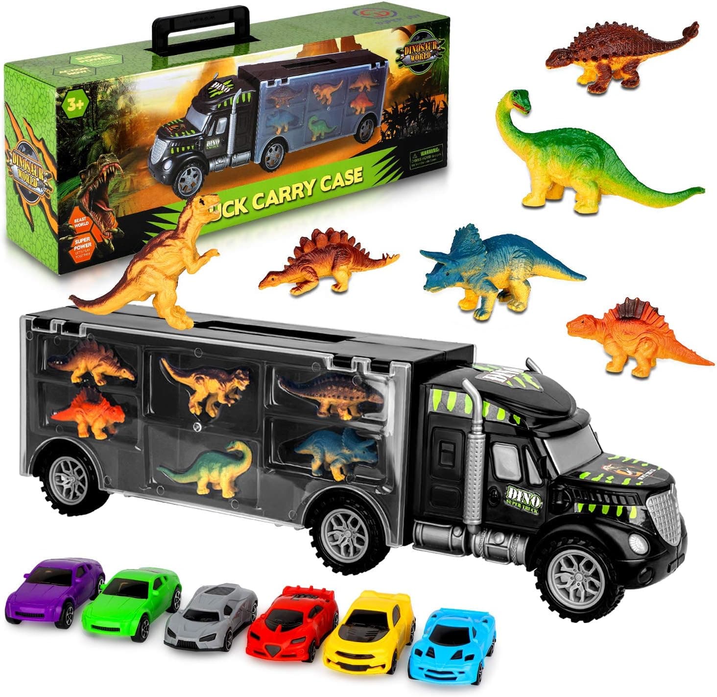 AOKESI Car Toys Transport Carrier Truck Dinosaur Toys for 3-12 Years Old Boys and Girls (Includes 6 Dinosaurs and 6 Mini Car)