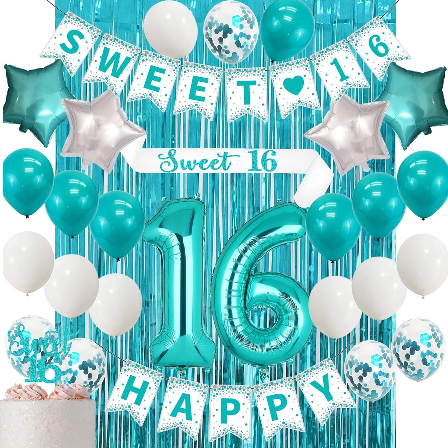 Sweet 16 Birthday Decorations,Teal 16th Birthday Decorations for Girls -Sweet 16 Birthday Banner, 16 Teal Blue Balloons,Sweet 16 Birthday Sash and Caketopper,Turquoise Blue Metalic Tinsel Party Photo Backdrop Curtains