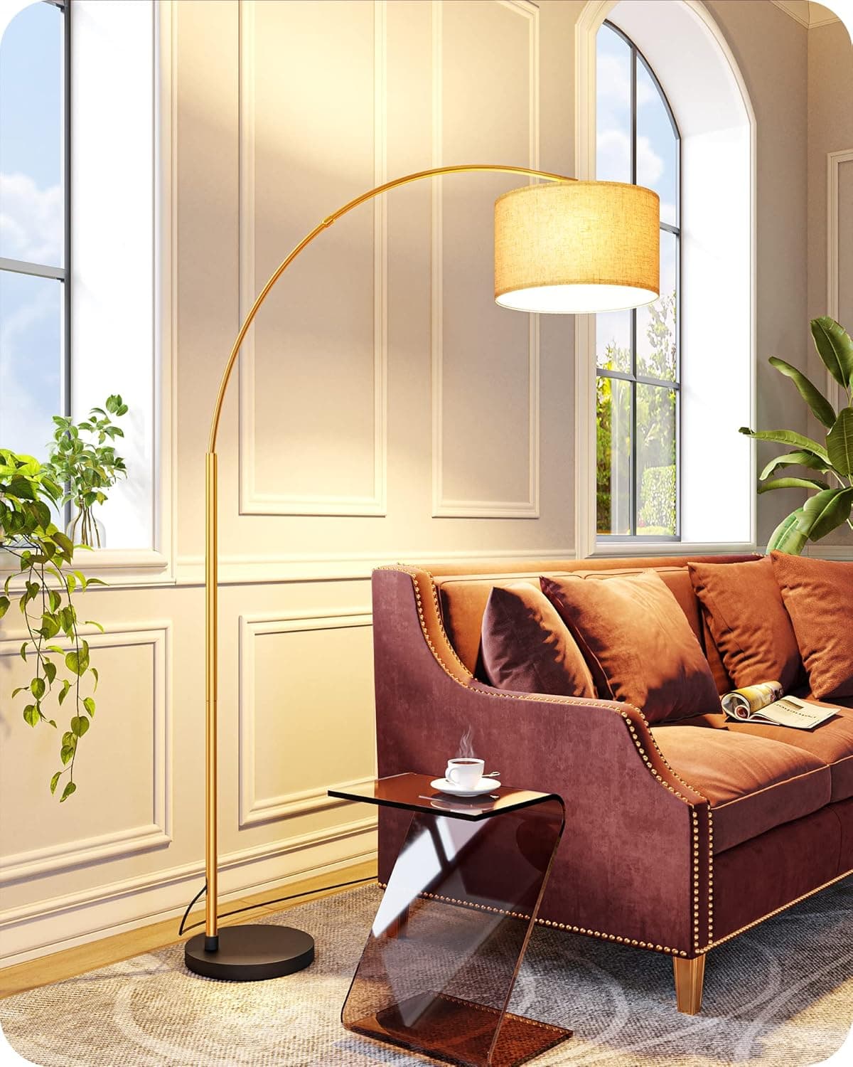 EDISHINE Gold Arc Floor Lamp, Tall Reading Light with Adjustable Linen Fabric Hanging Shade, Gold 75.6" Standing Lamp for Living Room, Reading Room, Dining Room
