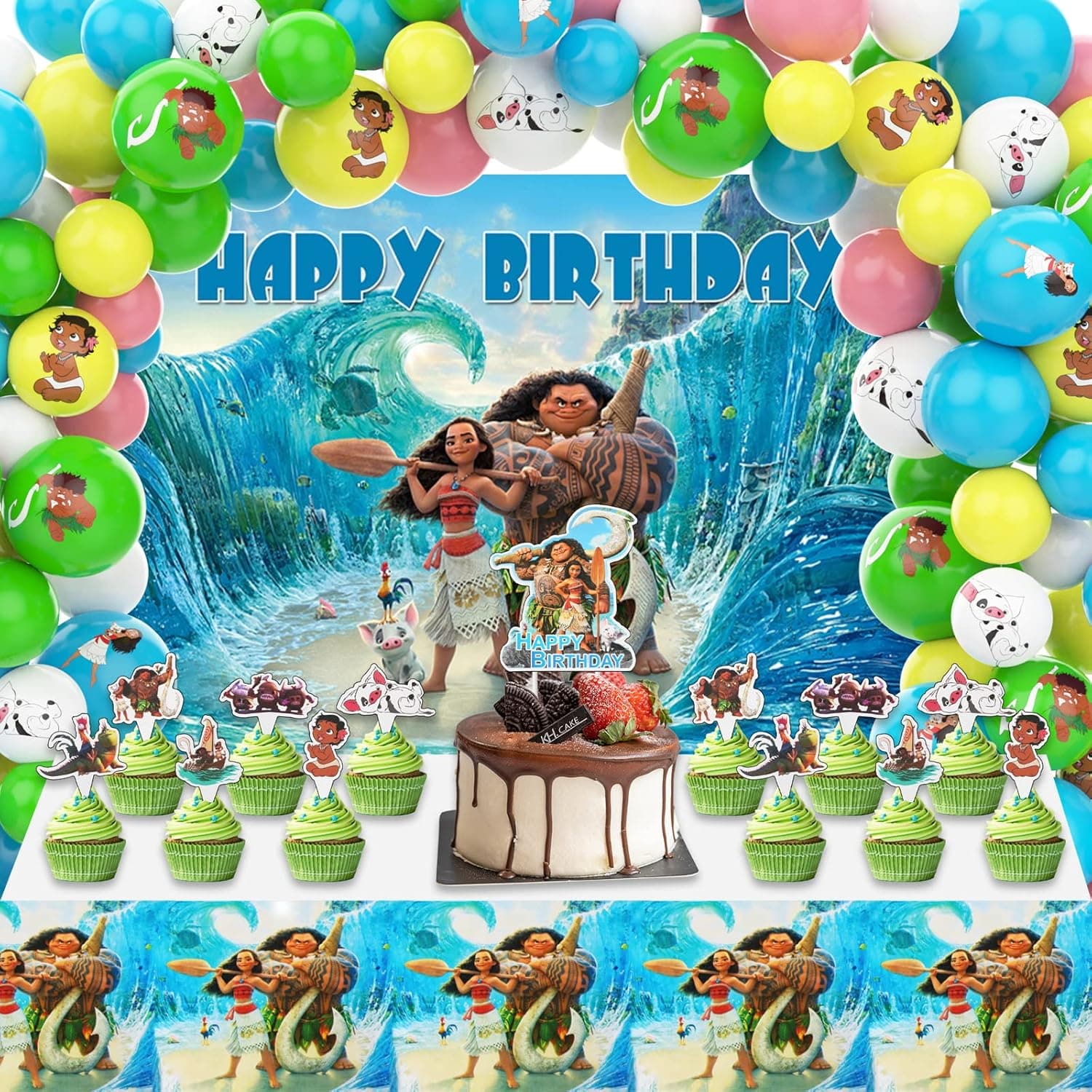 JIUKUAI Moana Balloons Party Supplies Arch Garland Kit, Moana Backdrop, Foil Balloons, Tablecloth, Cupcake Toppers,for Baby Blue,green,white