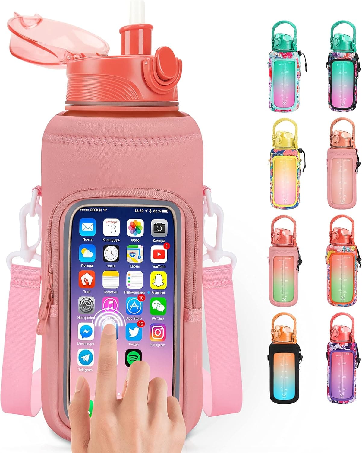 PASER 1/2 Gallon Water Bottle with Sleeve - 64 oz BPA Free Reusable Water Bottles, Pink/Green-2 Gradient