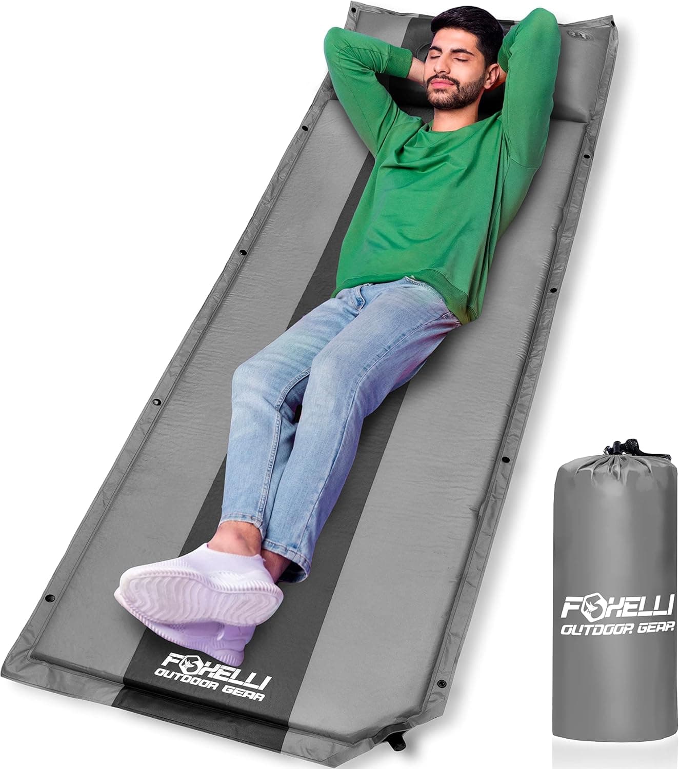 Foxelli Self Inflating Sleeping Pad for Camping, Backpacking, Hiking, Insulated Foam Lightweight Camping Mat, Inflatable Camp Mattress with Pillow