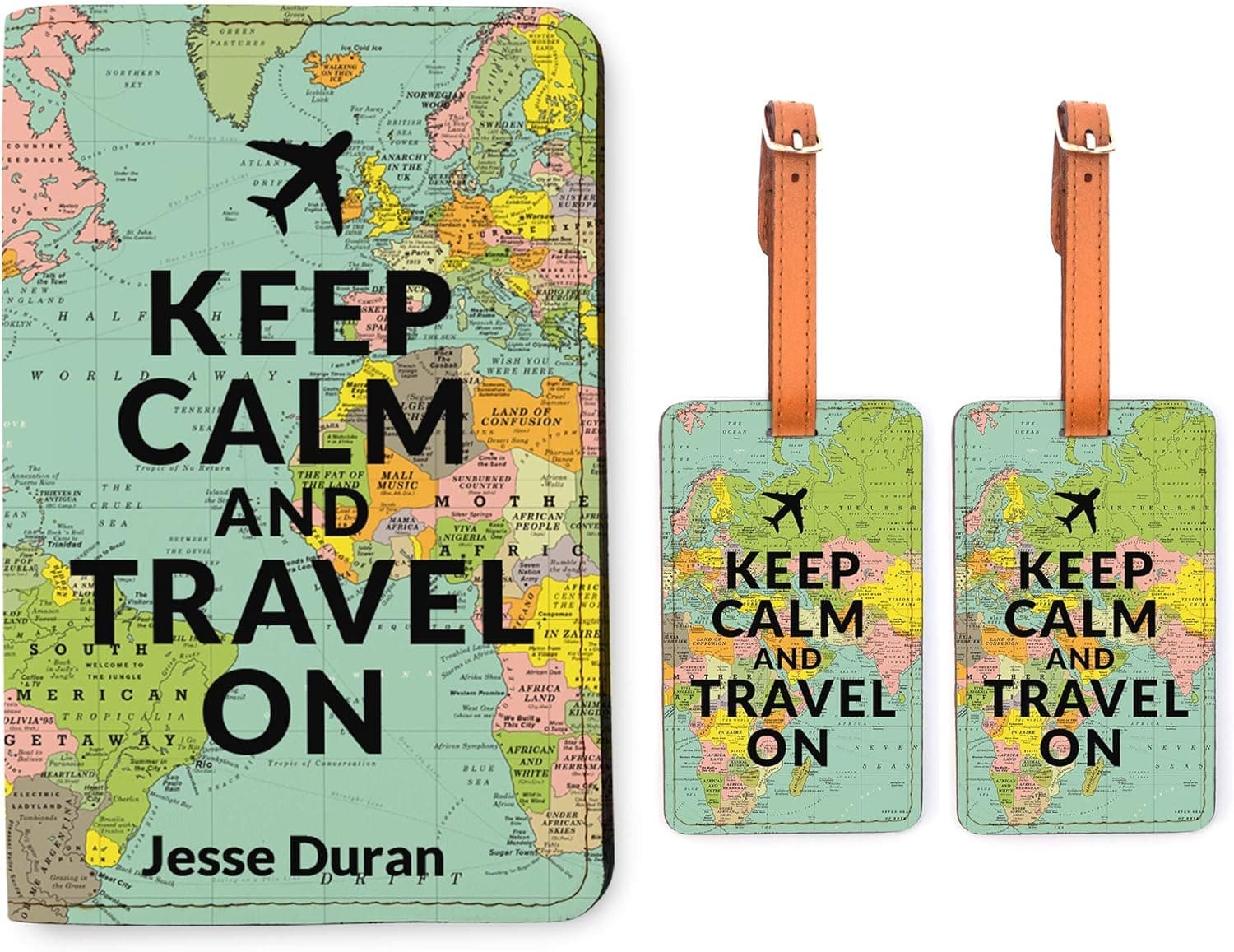 Personalized RFID Passport Holder 2 Luggage Tag Matching Set - World Map