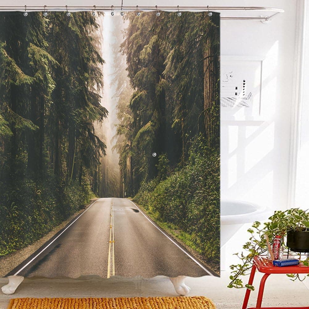 Tidy decor Roslynwood Nature Forest Landscape with Road Sky Pine Trees Forest Summer Foggy Day Scene, 69X70 inches Polyester Fabric Shower Curtain Set Fantastic Decorations