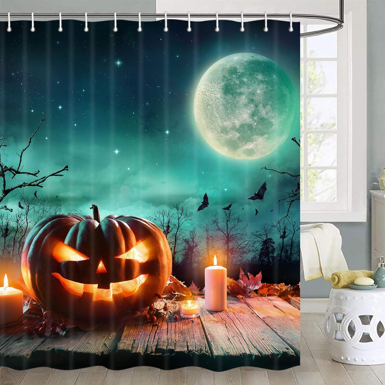 Halloween Shower Curtain, Horror Crow Pumpkin Headless Shower Curtain Set, Scary Ghost on Tree Pumpkin Lantern Haunted House Shower Curtains Hooks All Saints' Day Night Bathroom Curtain Set,70x70 Inch