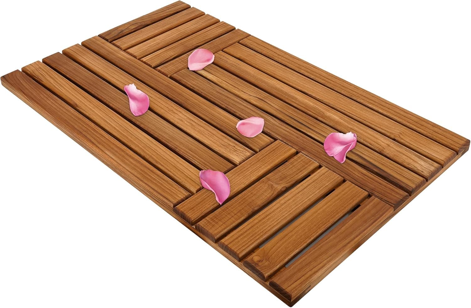 Utoplike Teak Wood Bath Mat, 31.8 x 20 inch Large Wooden Shower Mat for Bathroom, Non Slip Wood Floor Sturdy Mat for Inside Shower Luxury Spa Home or Outdoor