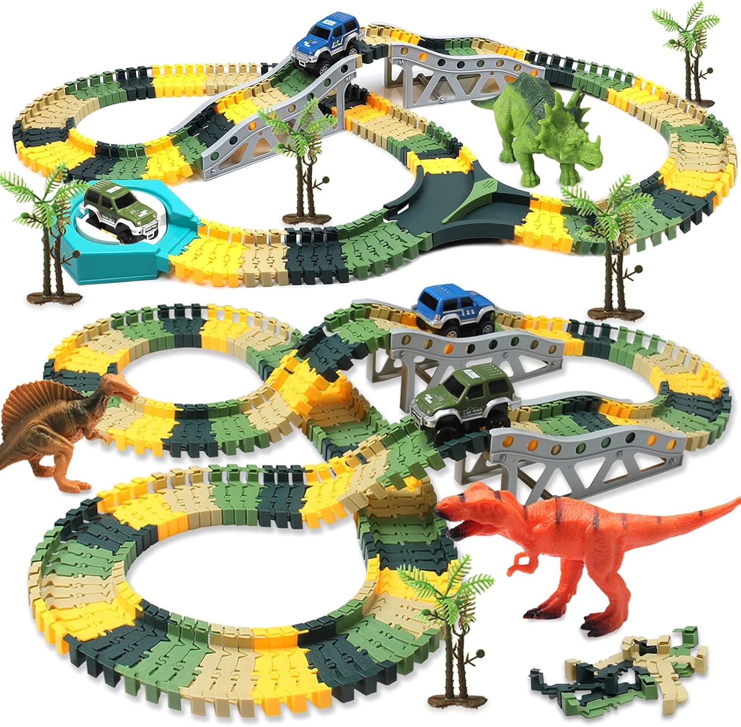 Dinosaur Toys for 3 4 5 6 Year Old Boys Girls Flexible Track Create a Road 3 Dinosaurs 2 Cars Vehicle Playset Christmas Birthday Gift Trucks for 3 4 5 6 Age Kids 192Pcs