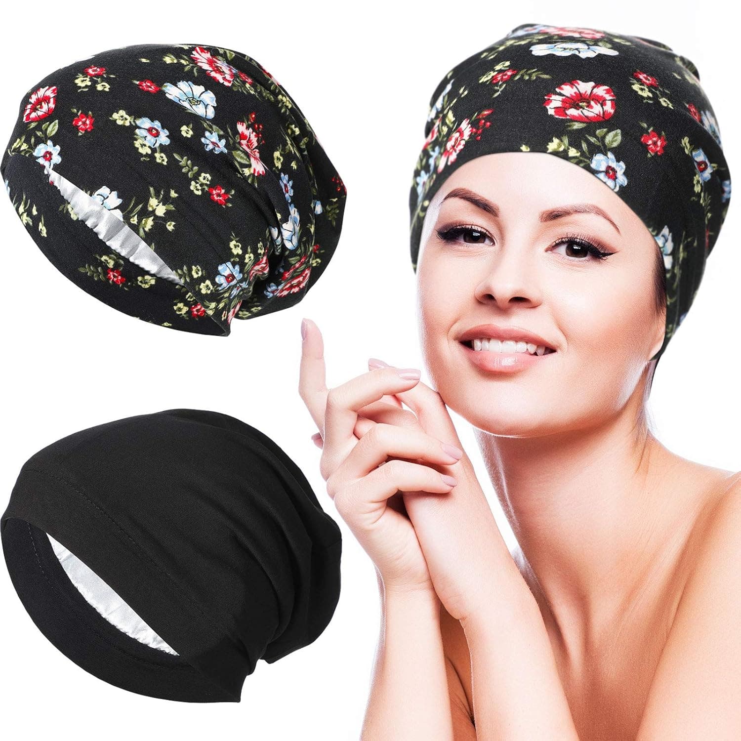 2 Pieces Silk Satin Lined Cap for Women,Sleep Bonnet Hair Wraps Sleeping Cap Slouchy Hat (Flowers in Black Background)