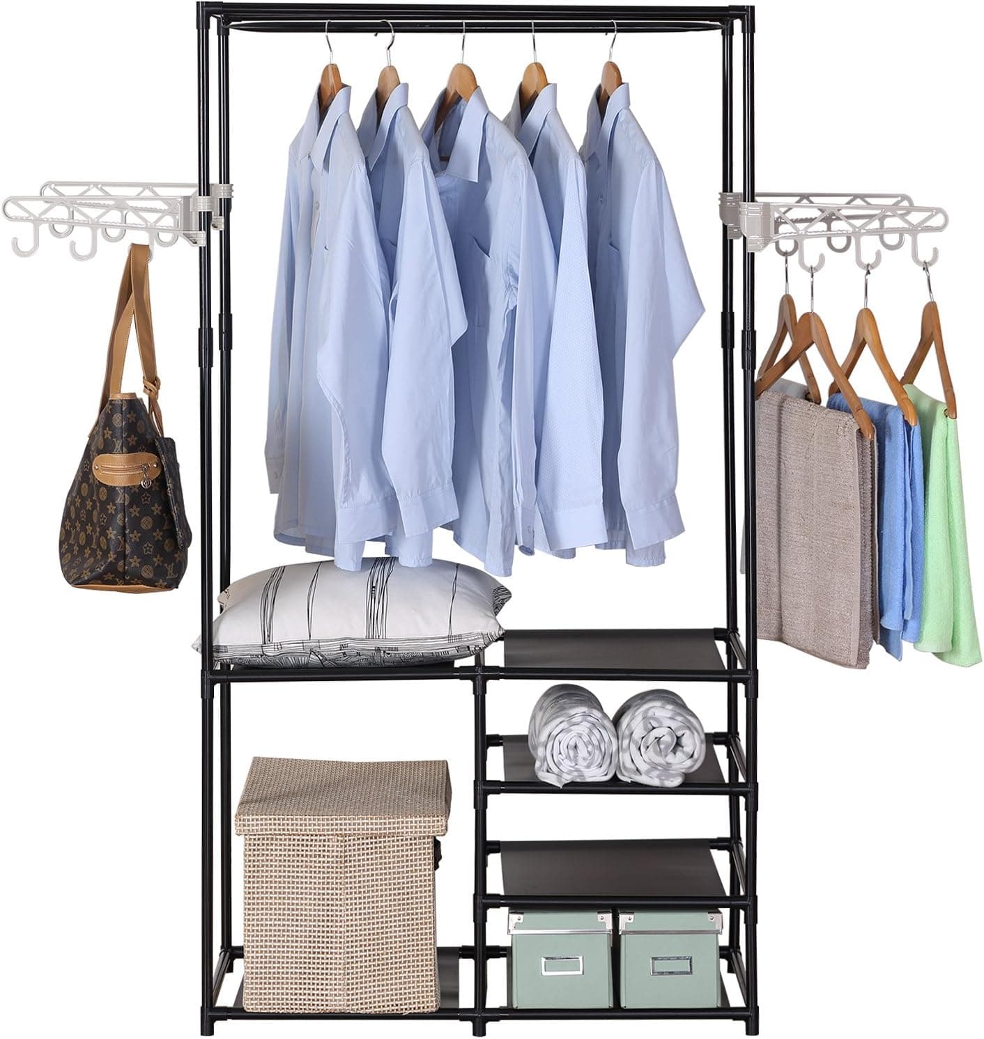 WOLTU Heavy Duty Clothes Garment Rack Cothing Organizer Shoe Rack Storage with 4 Hooks Black