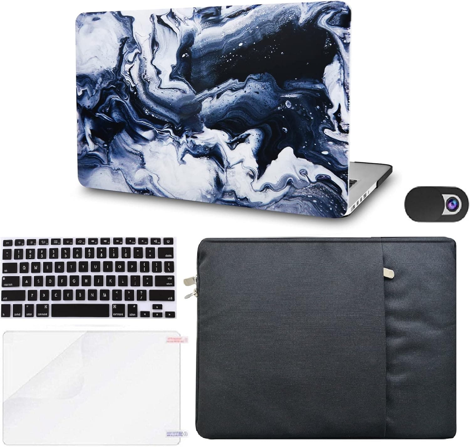 KECC Compatible with MacBook Air 13 inch Case A1932 Retina Display + Touch ID Plastic Hard Shell + Keyboard Cover + Sleeve + Screen Protector + Webcam Cover (Black Grey Marble)