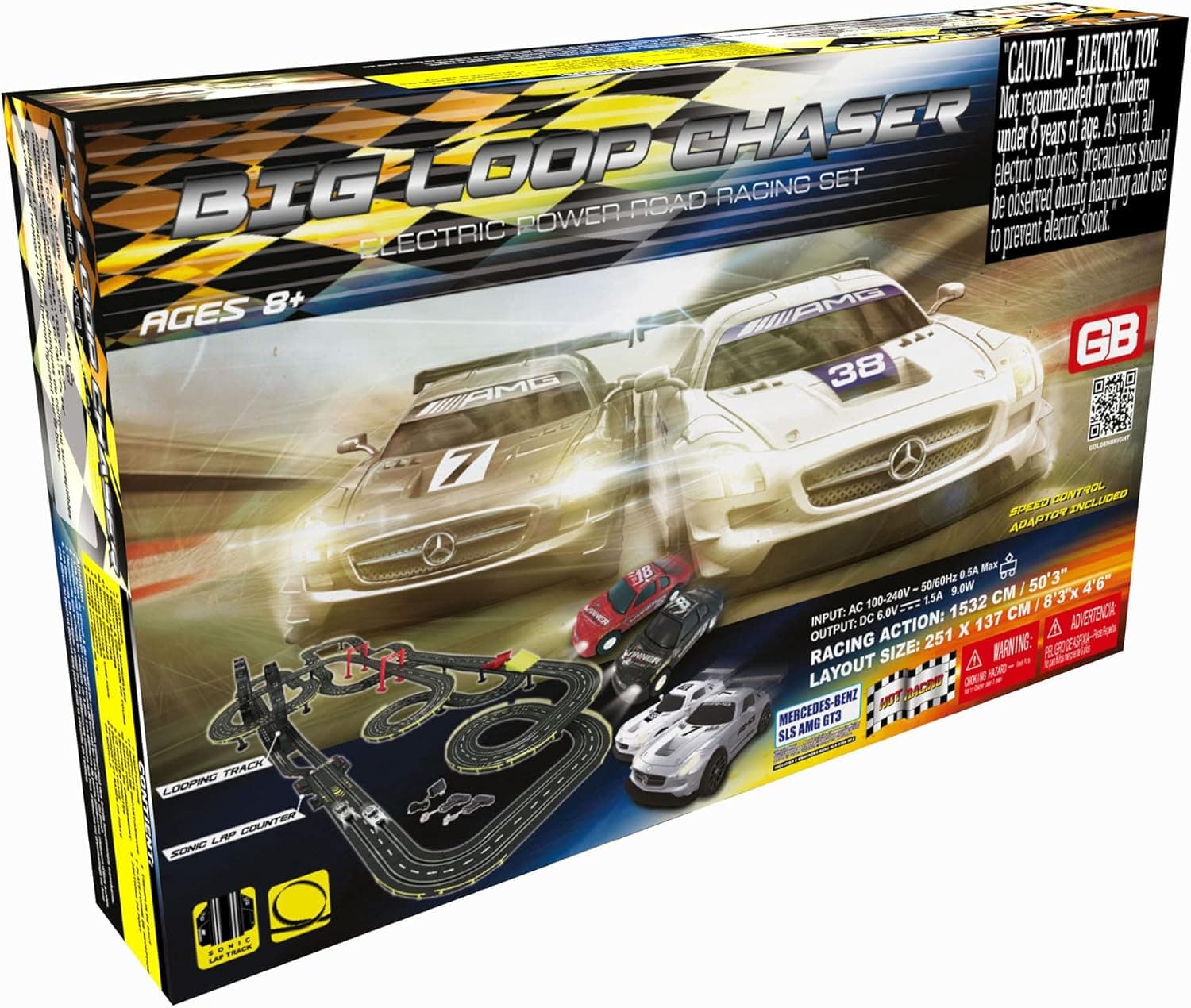 Golden Bright Big Loop Chaser Electric Powered Toy Road Racing Set - 2 Mercedes Benz SLS AMG GT3 Racing Cars Included - 4 Cars Total