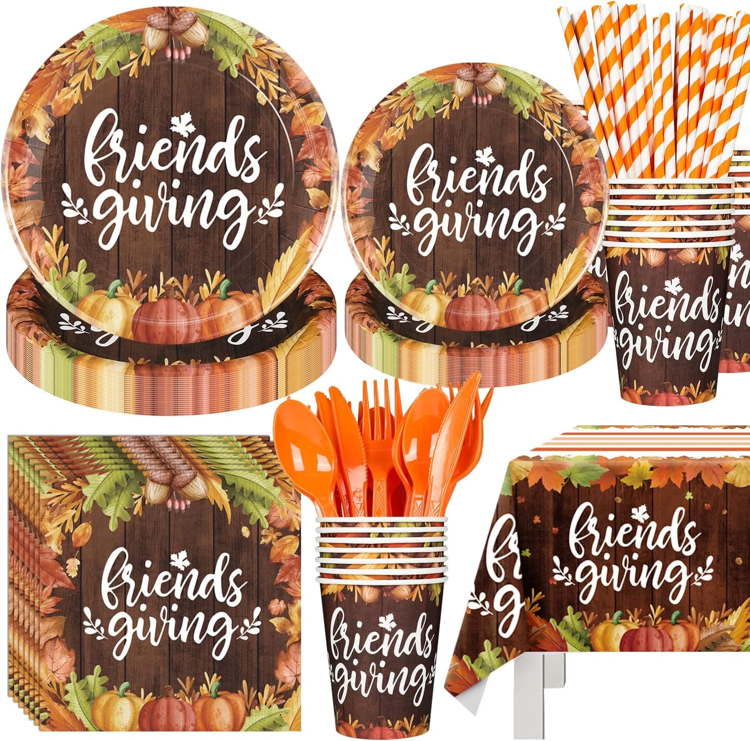 194PCS Friendsgiving Party Supplies Thanksgiving Disposable Dinnerware Set for 24 Guests Friendsgiving Fall Plates and Cups, Cutlery, Tablecloth for Thanksgiving Fall Autumn Dinner Party Decorations
