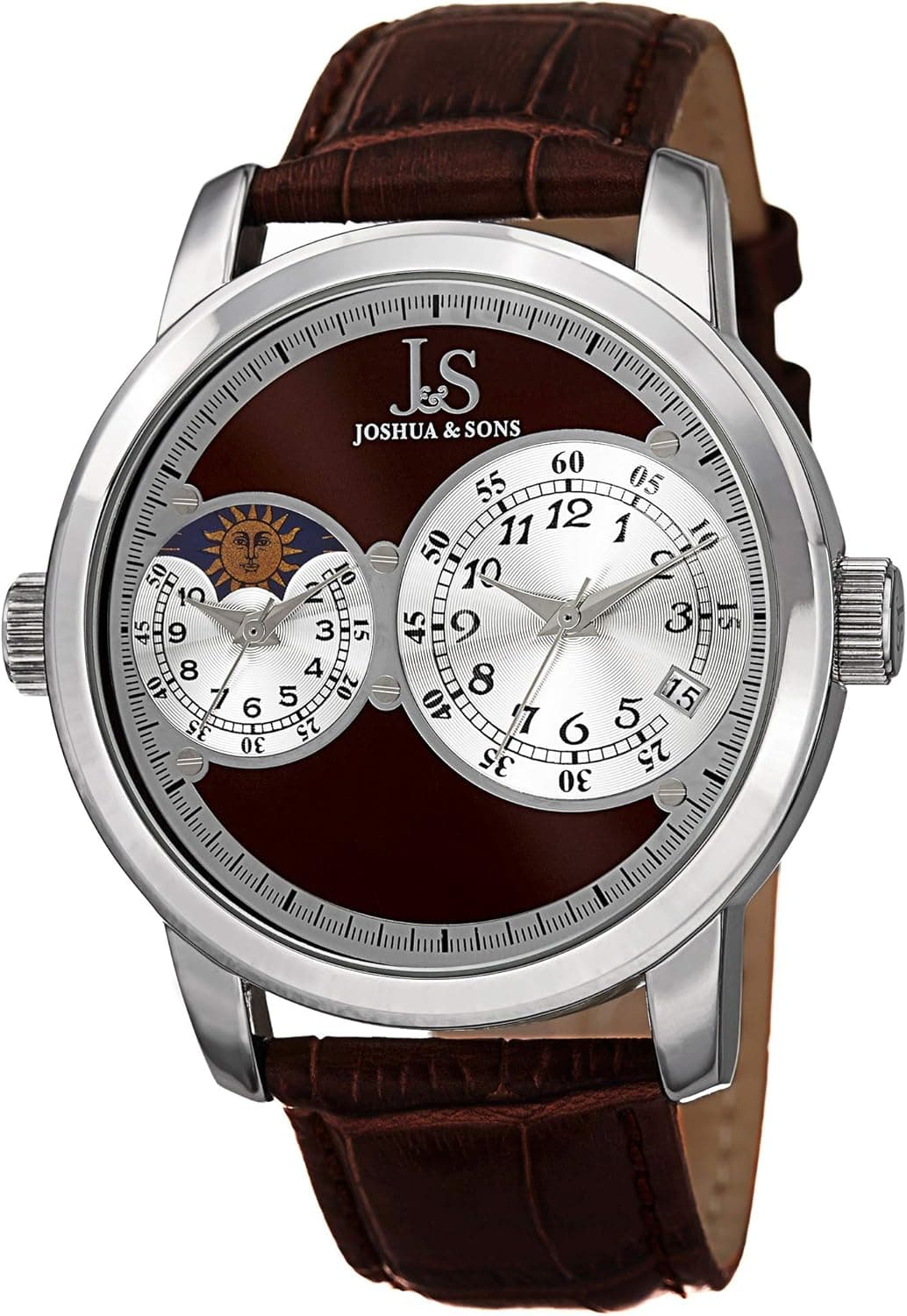J&S JOSHUA & SONS Men's Dual Time Zone Watch - Guilloche Sunray Dial On Leather Alligator-Embossed Leather- JS87