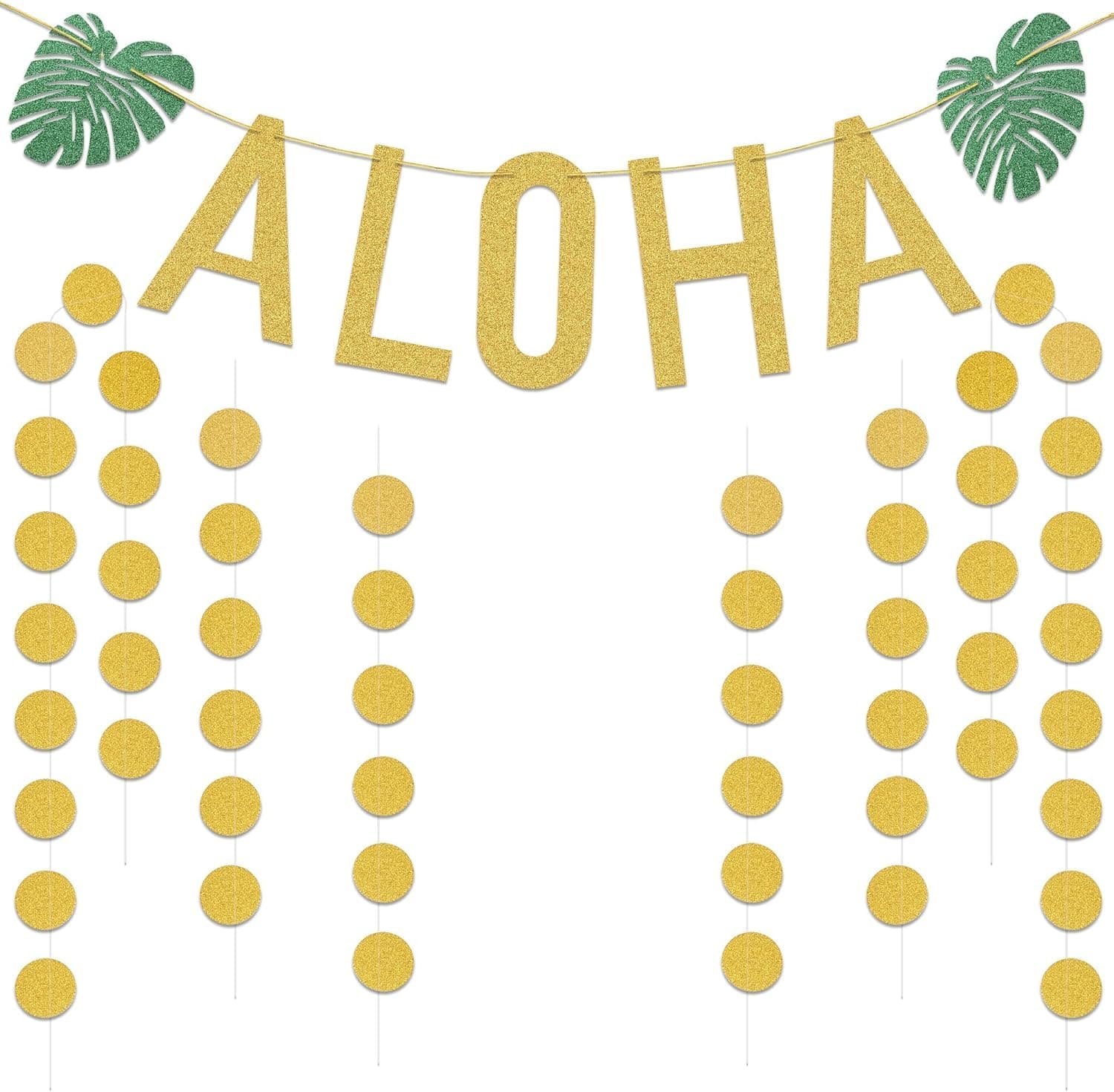 Hawaiian Aloha Party Decorations,Konsait Gold Glitter ALOHA Banner with Palms Leaves and Circle Dots Garland for Hawaiian Tropical Luau Beach Summer Pool Party Decor Supplies(5Pack)