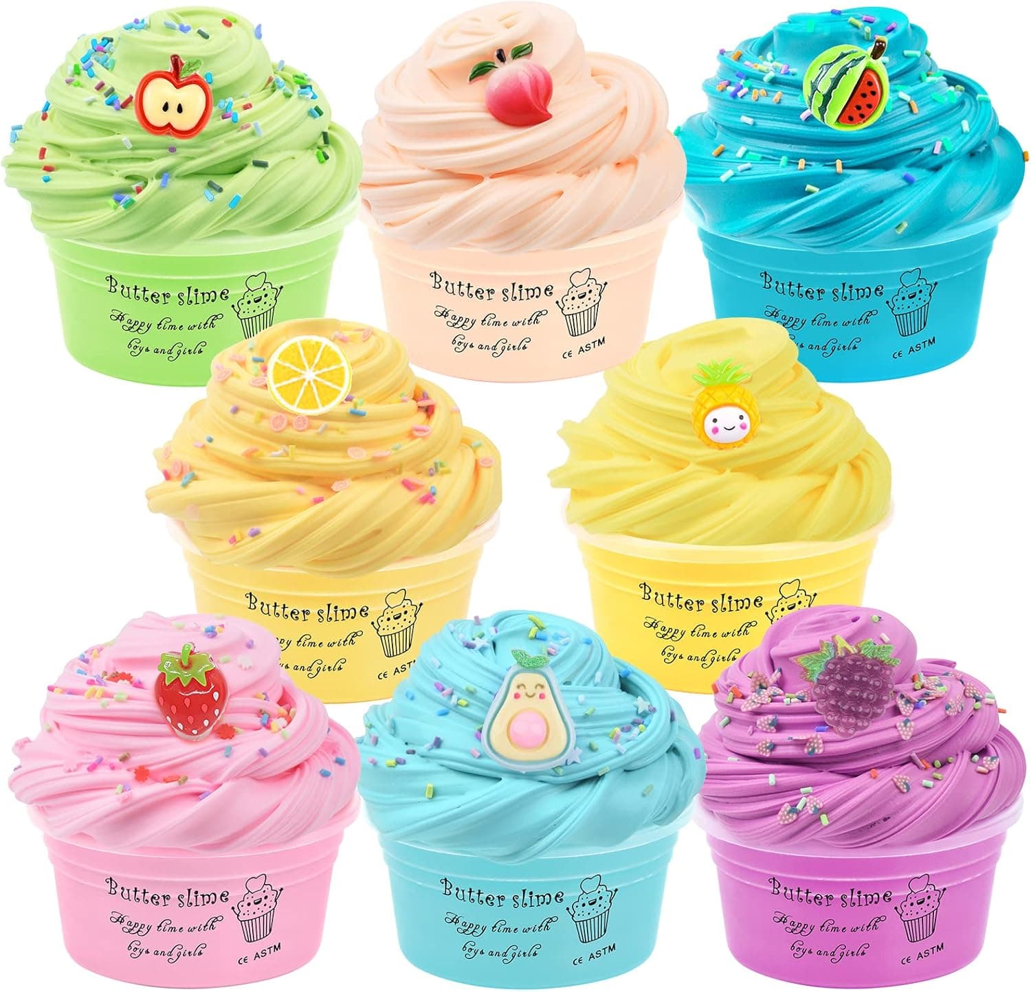 8 Pack Mini Butter Slime Kit,with Strawberry, Grape,Lemon Slices Etc 8 Color Slime and Slime Fun Charms, Soft and Stretchy, Stress Relief for Girls and Boys.