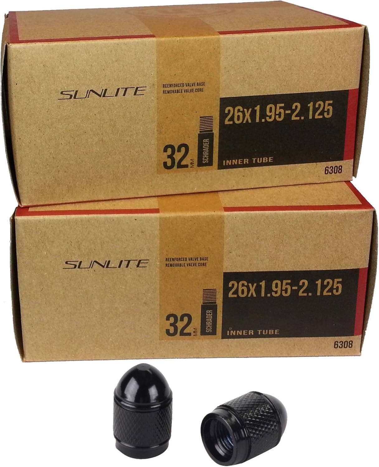 2 Pack Inner Tube & Valve Cap Package Deal - Sunlite Bicycle Tube, 26 x 1.95-2.125 Schrader Valve - Custom Valve caps for a Schrader Valve with Your Choice of Color!