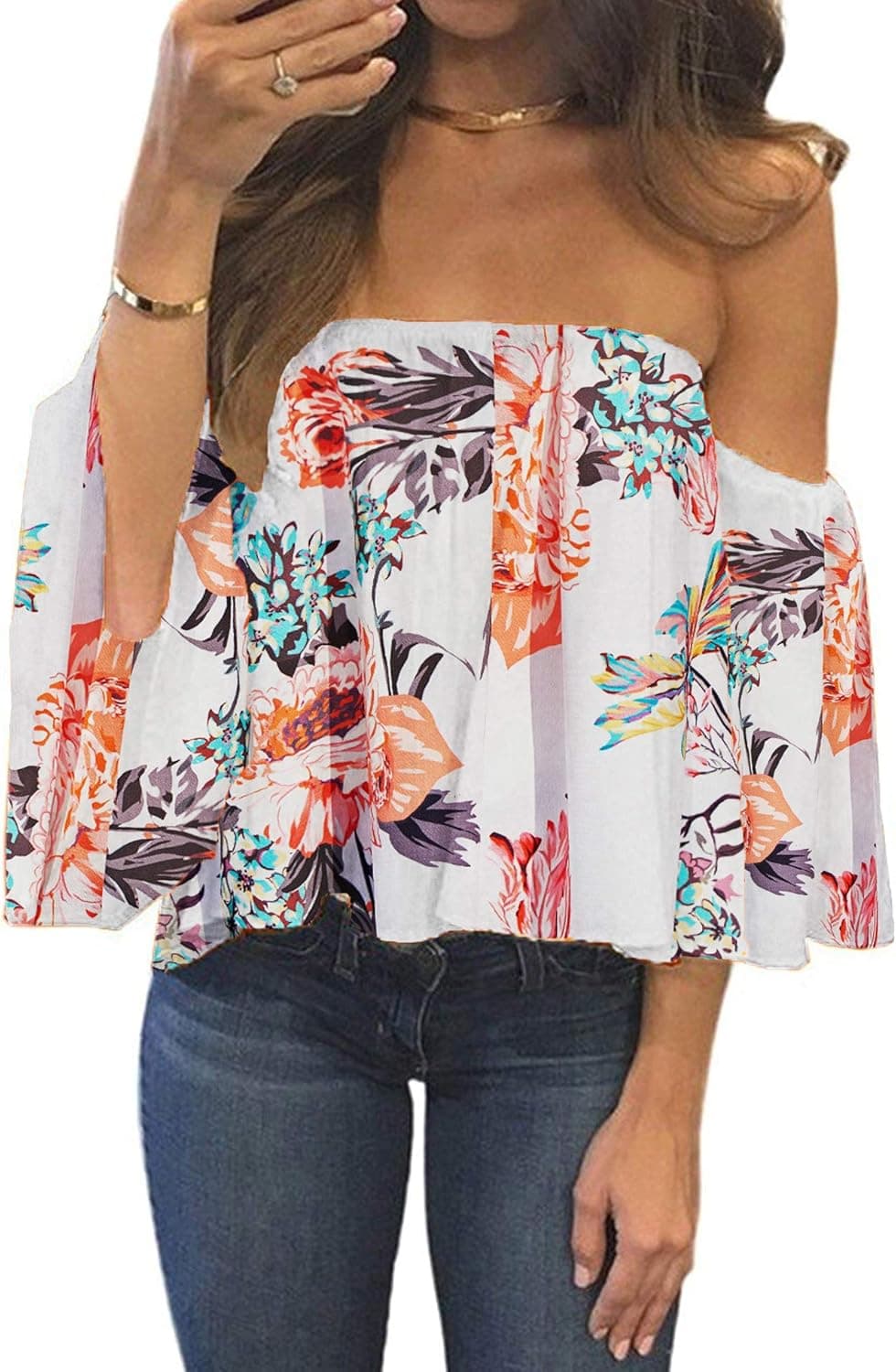 Bluetime Women Summer Off Shoulder Chiffon Blouses Ruffles Short Sleeves Sexy Tops Casual T Shirts