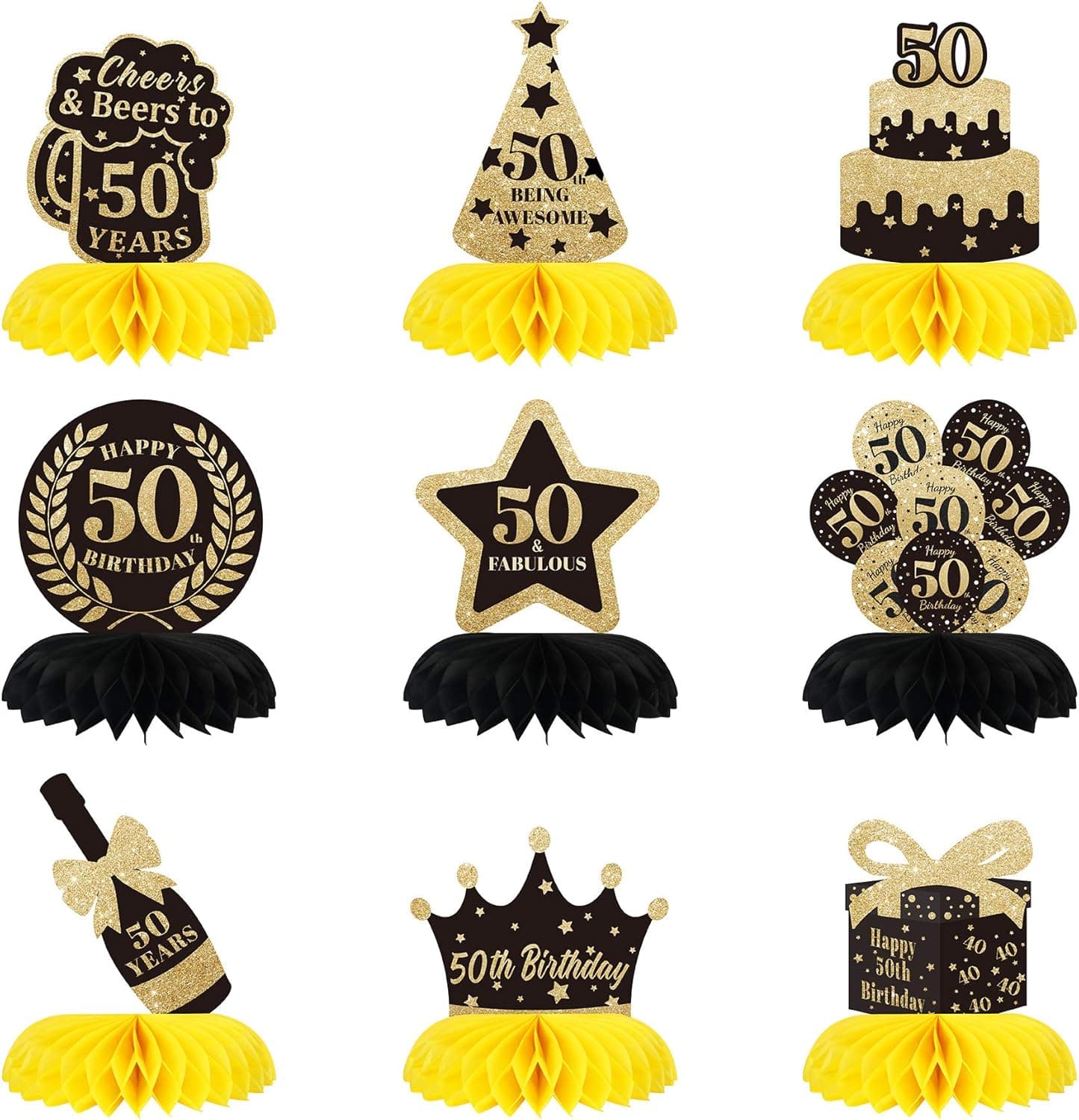9 Pieces 50th Birthday Honeycomb Centerpieces, Glittered 50th Happy Birthday Table Party Decoration, Black Gold Cheers to 50 Years Party Supplies