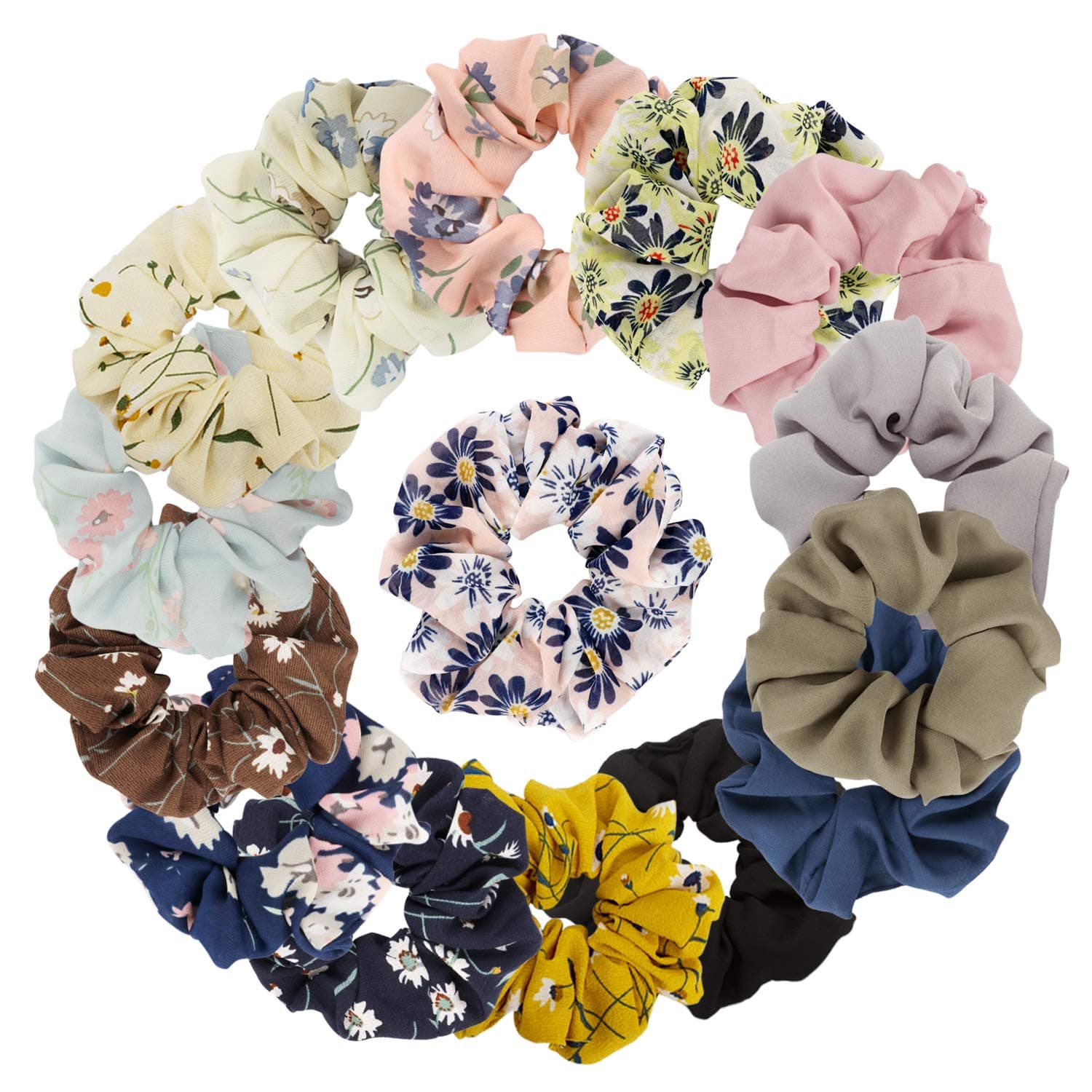 Cubaco 15 Pack Women's Chiffon Flower Hair Scrunchies Hair Bow Chiffon Ponytail Holder, 15 Colors including 10 Colors Chiffon Flower Hair Scrunchie and 5 Solid Colors Chiffon Hair Ties Scrunchy