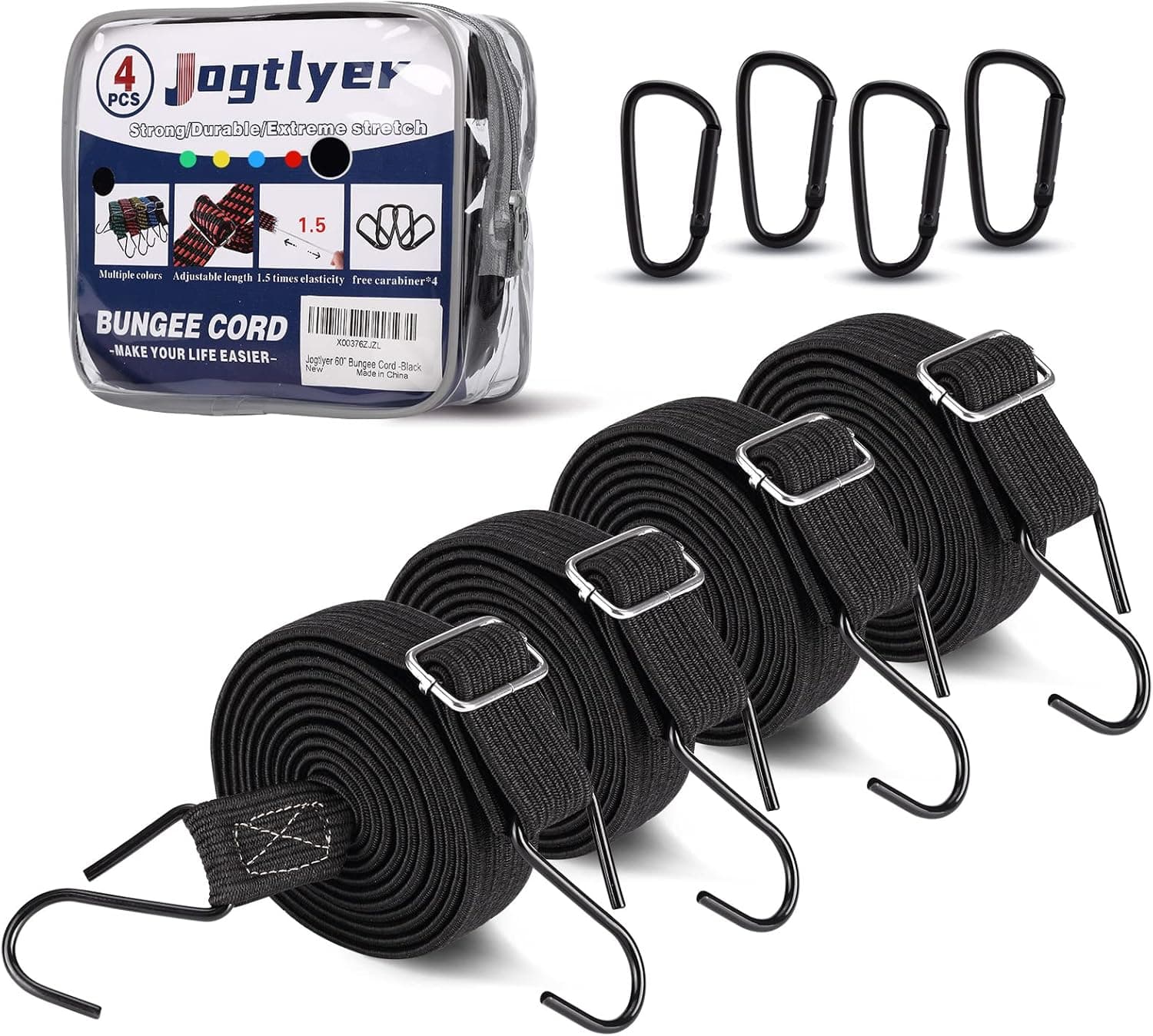 Jogtlyer Bungee Cord,Adjustable Bungee Cords Heavy Duty Outdoor,60" Flat Bungee Straps Latex Elasticity Straps with Adjustment Metal Buckle,Luggage Elastic Rope with Hooks -4* Black