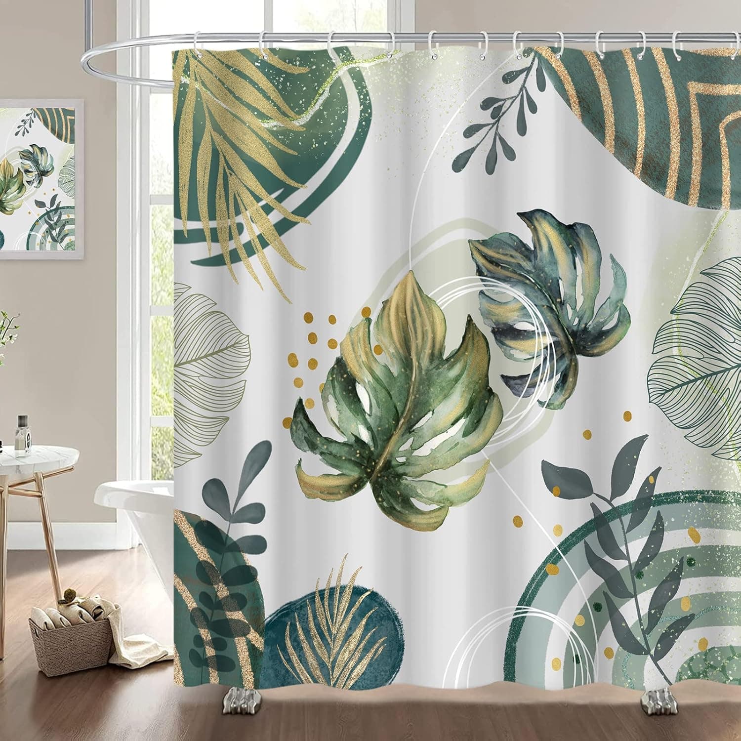 Heofloliy Green Abstract Shower Curtain Chic Boho Tropical Leaves Shower Curtain Set with 12 Hooks Watercolor Minimalist Fancy Modern Bathroom Bathtubs Decor Fabric Shower Curtain 72x72 Inches,Green