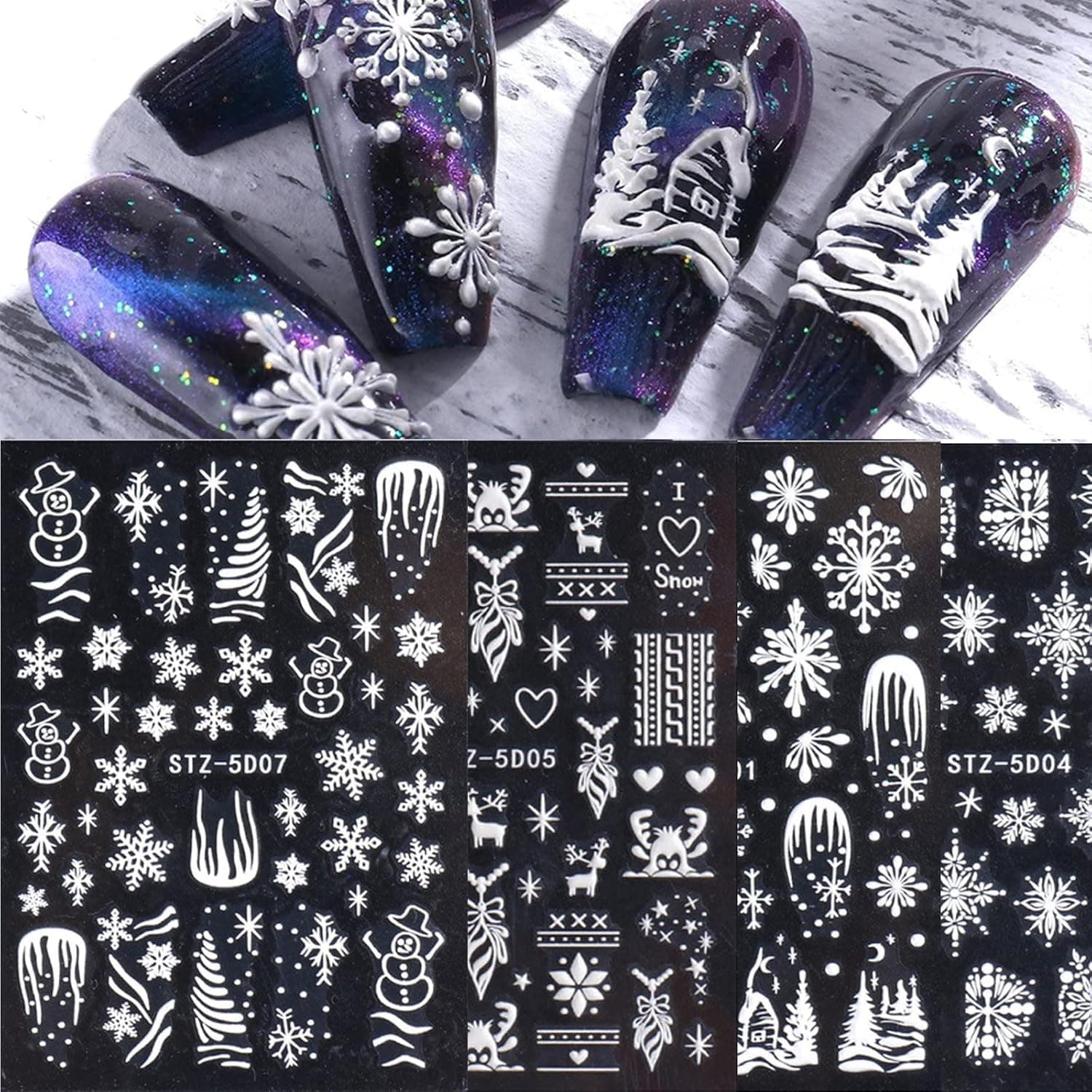 5D White Snowflakes Embossed Nail Art Sticker,4 Sheets New Year Nail Art Stickers Decals 5D Stereoscopic Embossed Winter Elk Flower Manicure Nail Decoration DIY Acrylic Nail Art