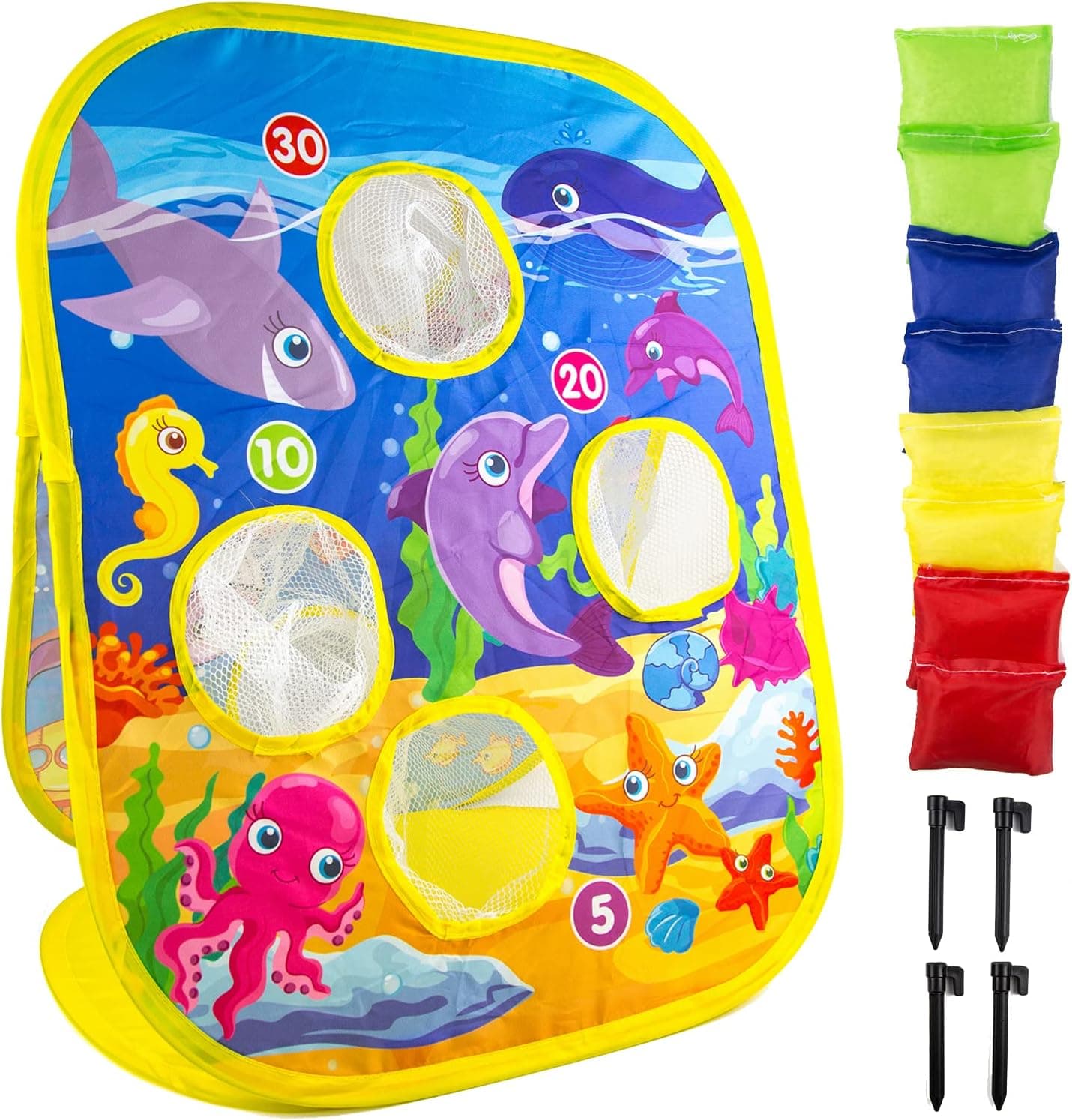 Toytykes Bean Bag Toss Game for Kids. Foldable Cornhole Game with 8 Colorful Bean Bags and Versatile Carry Bag