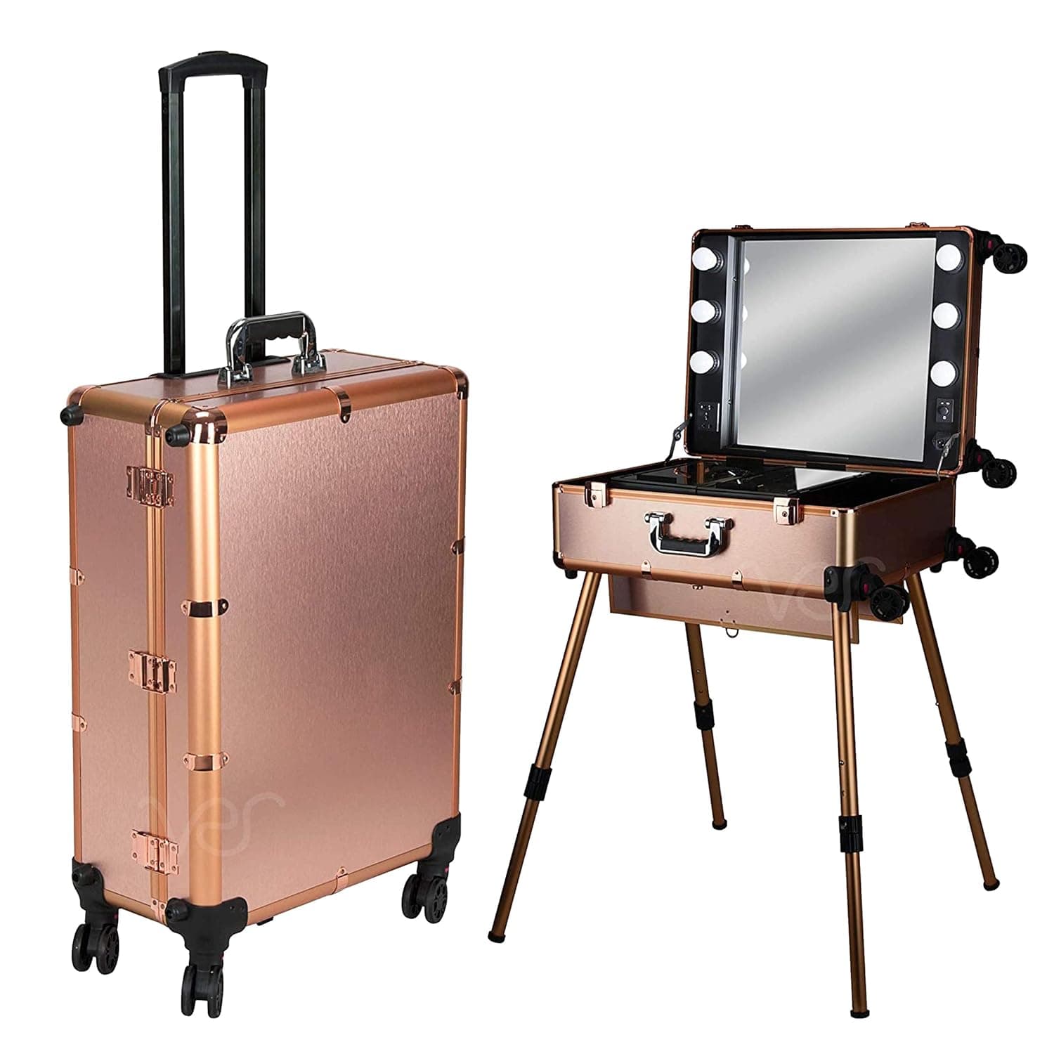 Ver Beauty Professional Rolling Hair Stylist Makeup Studio & Artist Travel Case with 6 LED Lights, Rose Gold