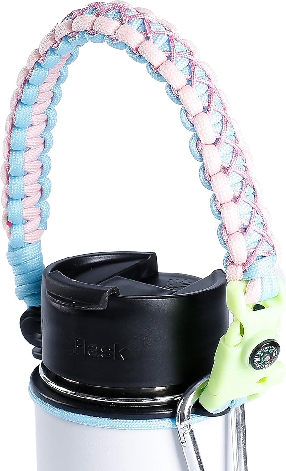 QeeLink Paracord Handle Compatible with 1.0 Wide Mouth Water Bottles - Paracord Carrier Strap Cord with Safety Ring & Carabiner & Compass, 12oz - 64oz