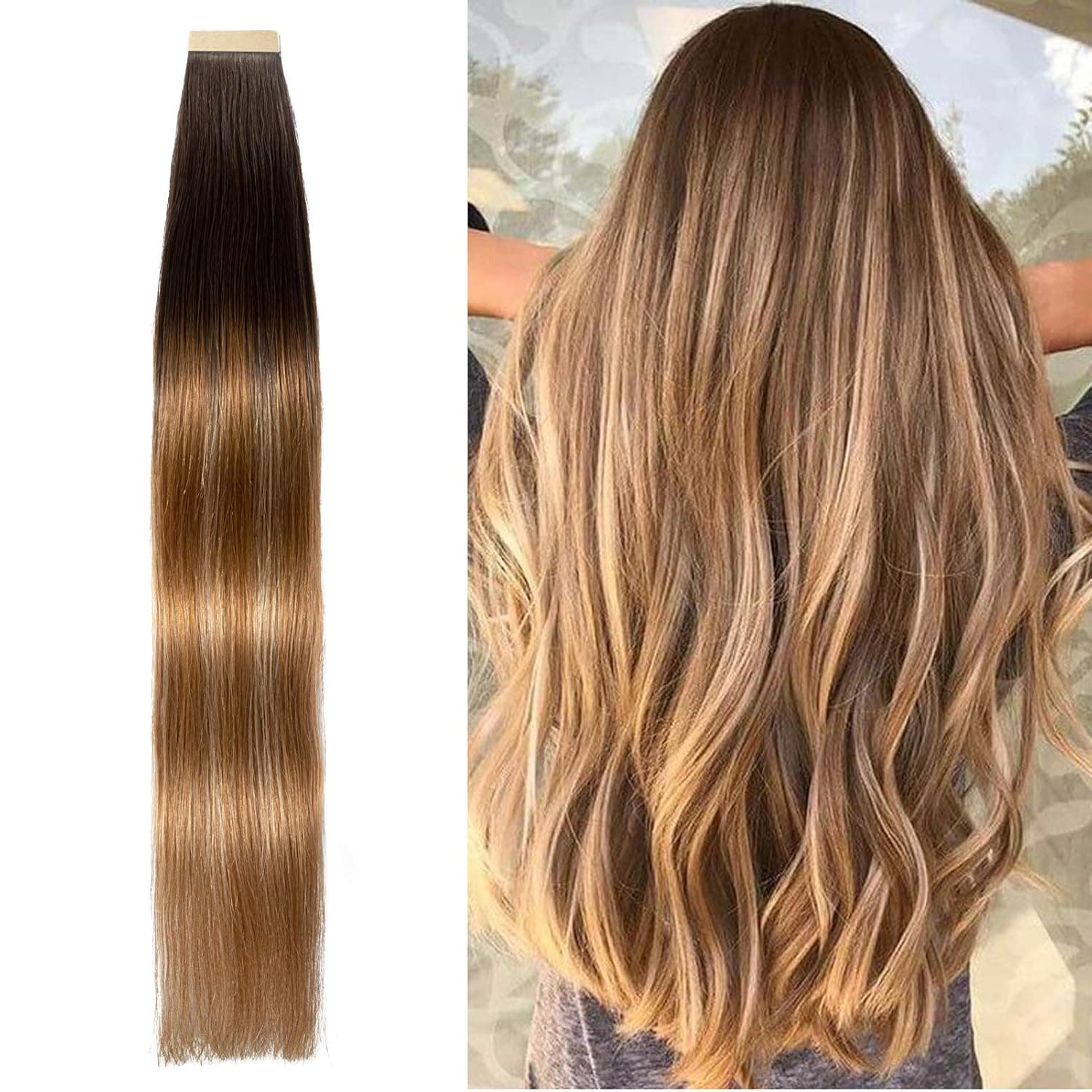 Natacee Skin Weft Tape in Human Hair Extensions Full Ends Tape Attached Remy Hairpiece Reusable 20pcs 50g Ombre Dark Brown to Chestnut Brown Highlight Ash Blonde Color 16inch