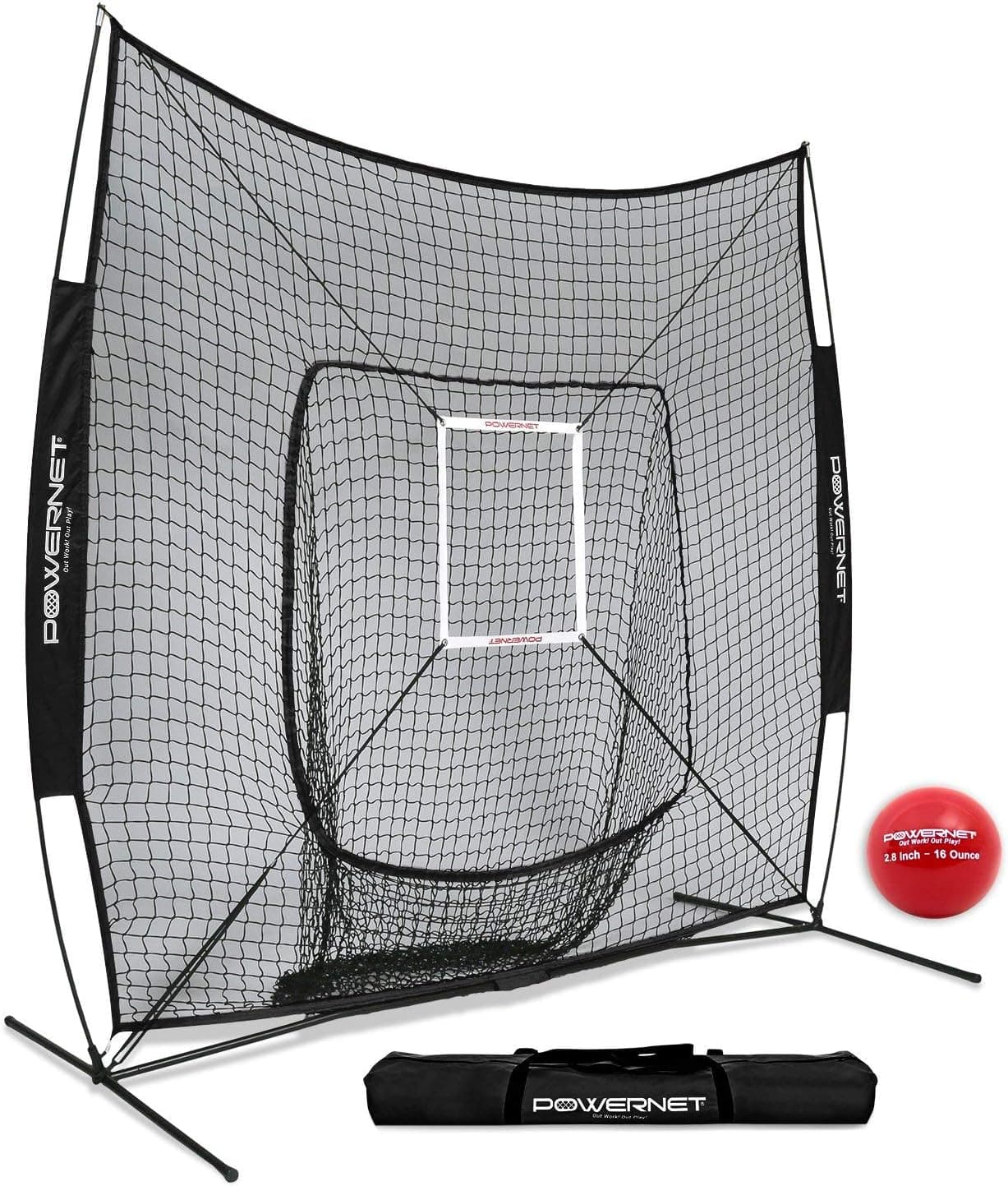PowerNet DLX 7x7 Baseball Softball Hitting Net + Weighted Heavy Ball + Strike Zone Bundle |Training Set | Practice Equipment Batting Soft Toss Pitching | Team Color | Portable Backstop