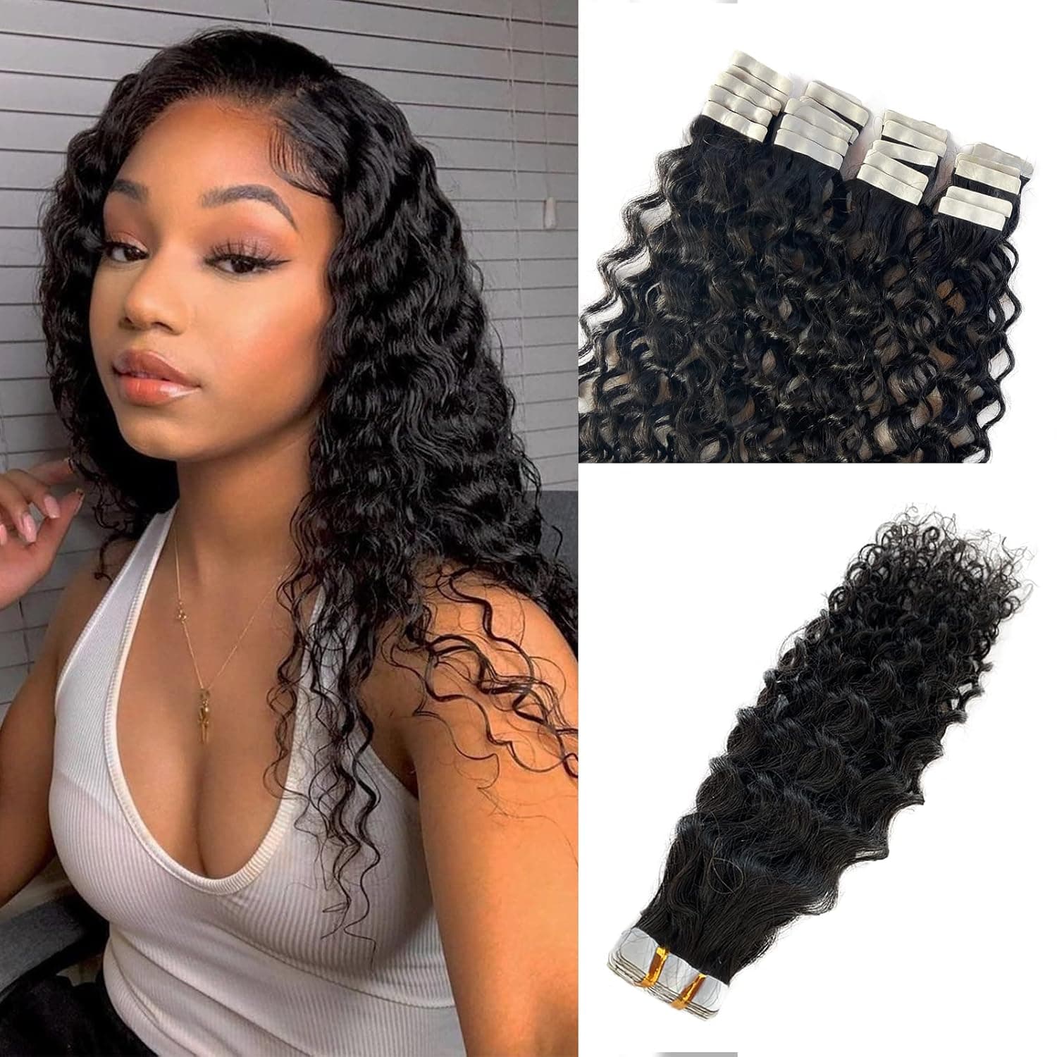 Water Wave Human Hair Extensions 16 Inch Tape in Hair Extension Real Human Hair for Black Women Double Sided 9A Natural Black Tape in Real Human Hair Curly Extensions 50g 20pcs/pack